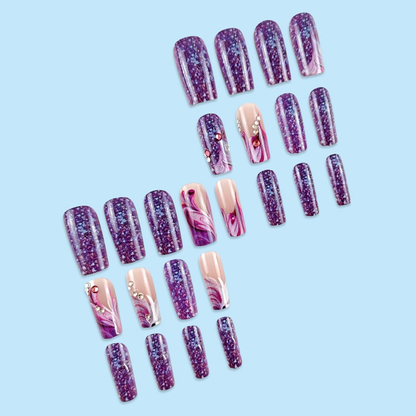 24Pcs Purple Press on Nails Medium Square Fake Nails with Rhinestone Designs Spring False Nails Purple Glitter Acrylic Nails Glossy Glue on Nails Full Cover Stick on Nails for Coquette Women