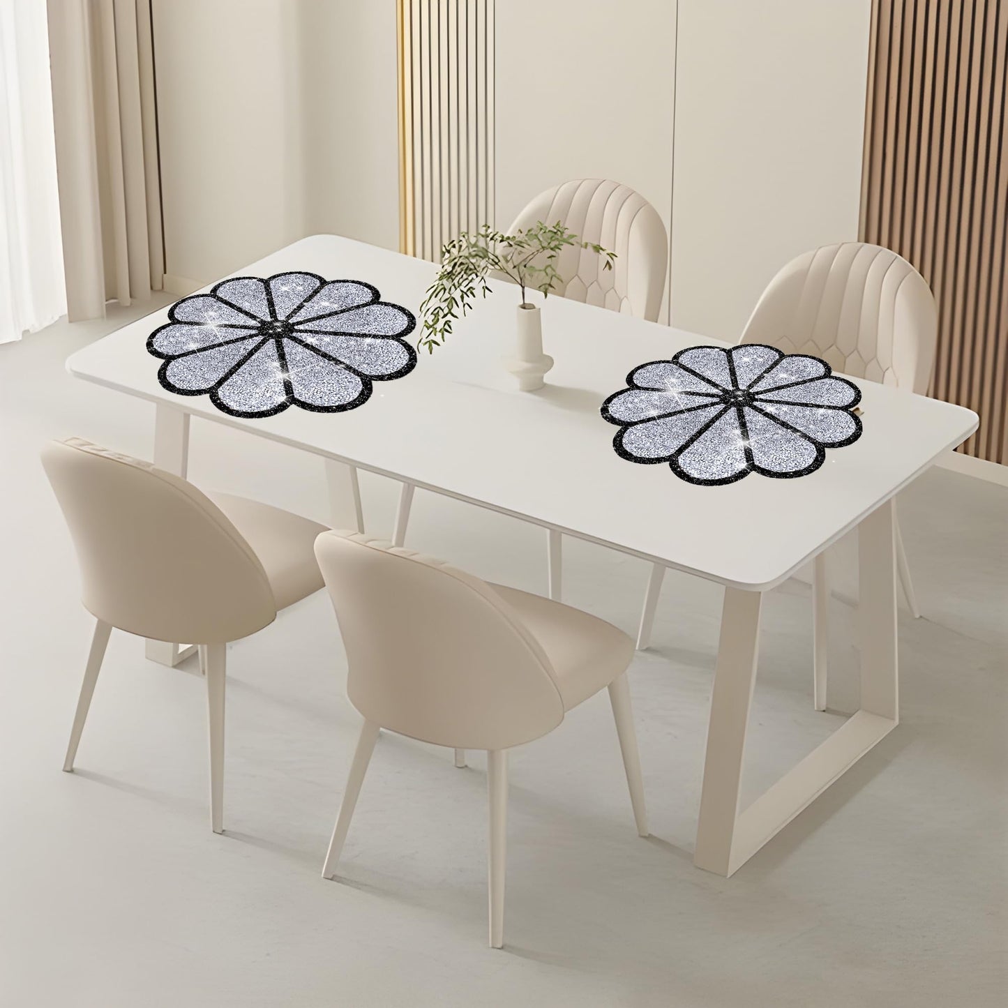 Washable Waterproof Diamond Circle Placemats for Round Tablescape Decor for Dinner and Kitchen Bling Placemats for Weddings & Special Events -2 PCS (Silver and Black)