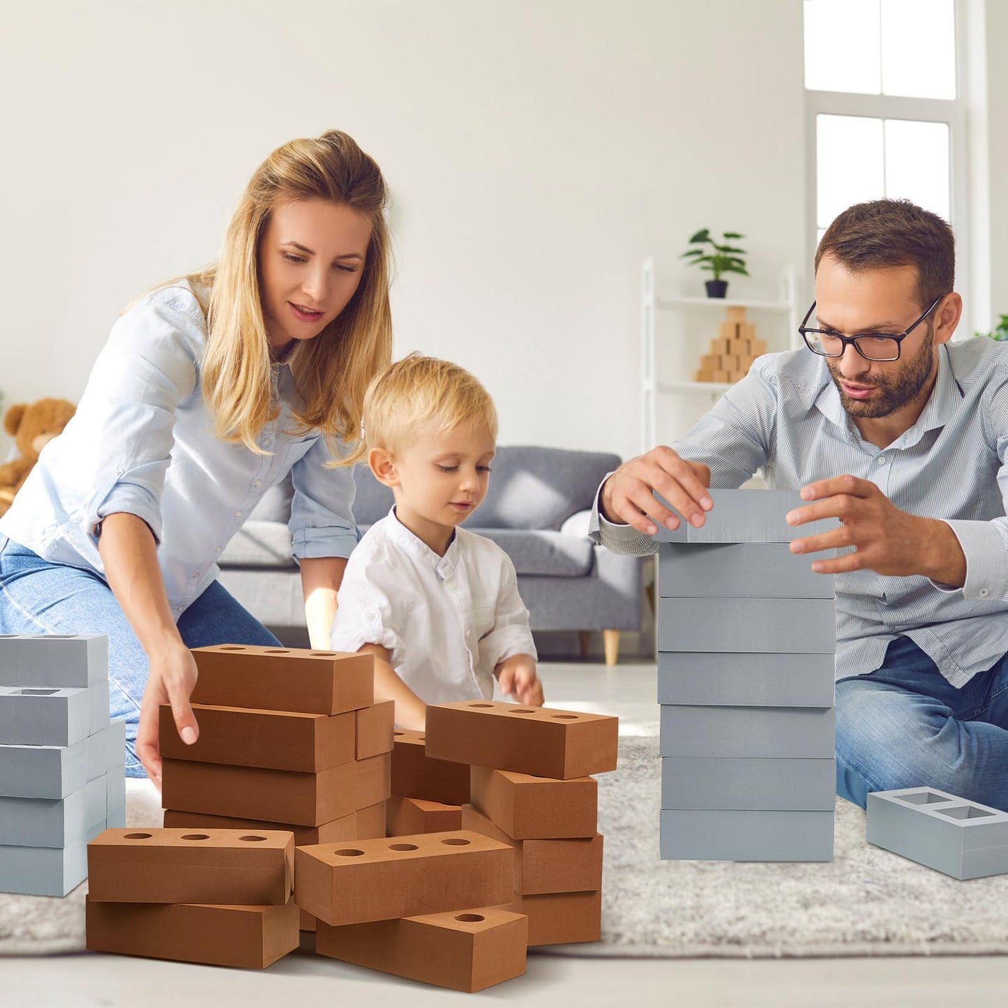 Deekin Foam Brick Building Blocks for Kids Thick Blocks Foam Large Fake Brick Construction Toy for Stacking Construction, 8 x 4 x 2.4 in(30 Pcs,Square Circle Holes)