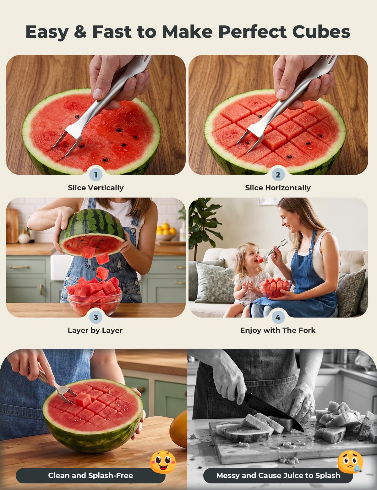 CripsTaste Watermelon Fork Cutter Slicer Tool, 2-in-1 Stainless Steel Fruit Cutter Melon Slicer Cutter Tool, Watermelon Cutting Tool for Home Party Camping Kitchen Gadget