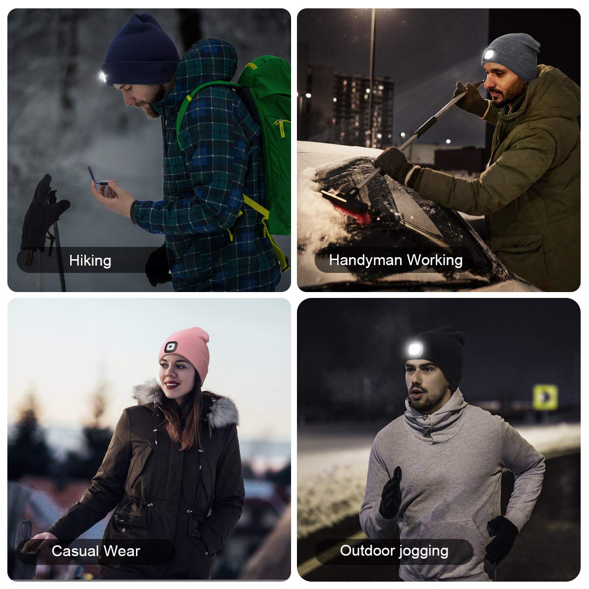 YunTuo Rechargeable LED Beanie with 4 Lights - Unisex Winter Knit Cap with USB Flashlight for Men and Women (Grey)