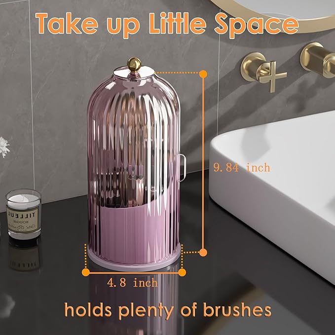 Makeup Brush Holder with Lid 360 Rotating Clear Dustproof Make Up Organizers for Vanity Bathroom Countertop, Pink
