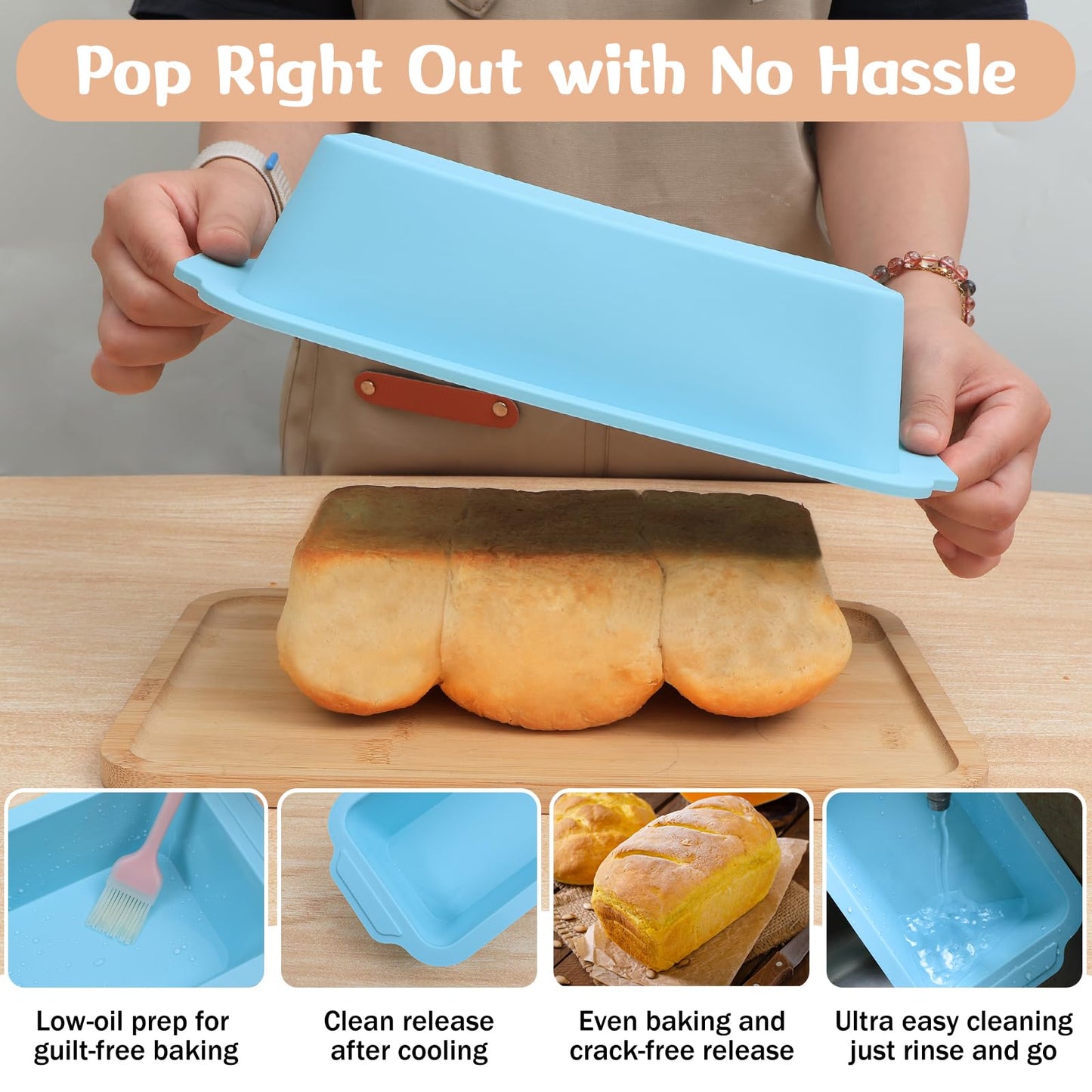 Toeusog Nonstick Silicone Bread Loaf Pan: 9.5 x 5 Inch Bread Pan for Homemade Rye with Metal Frame - Loaf Mold for Baking Oven - Housewife Baker Home Baking Enthusiasts (Beige & Mint Green)