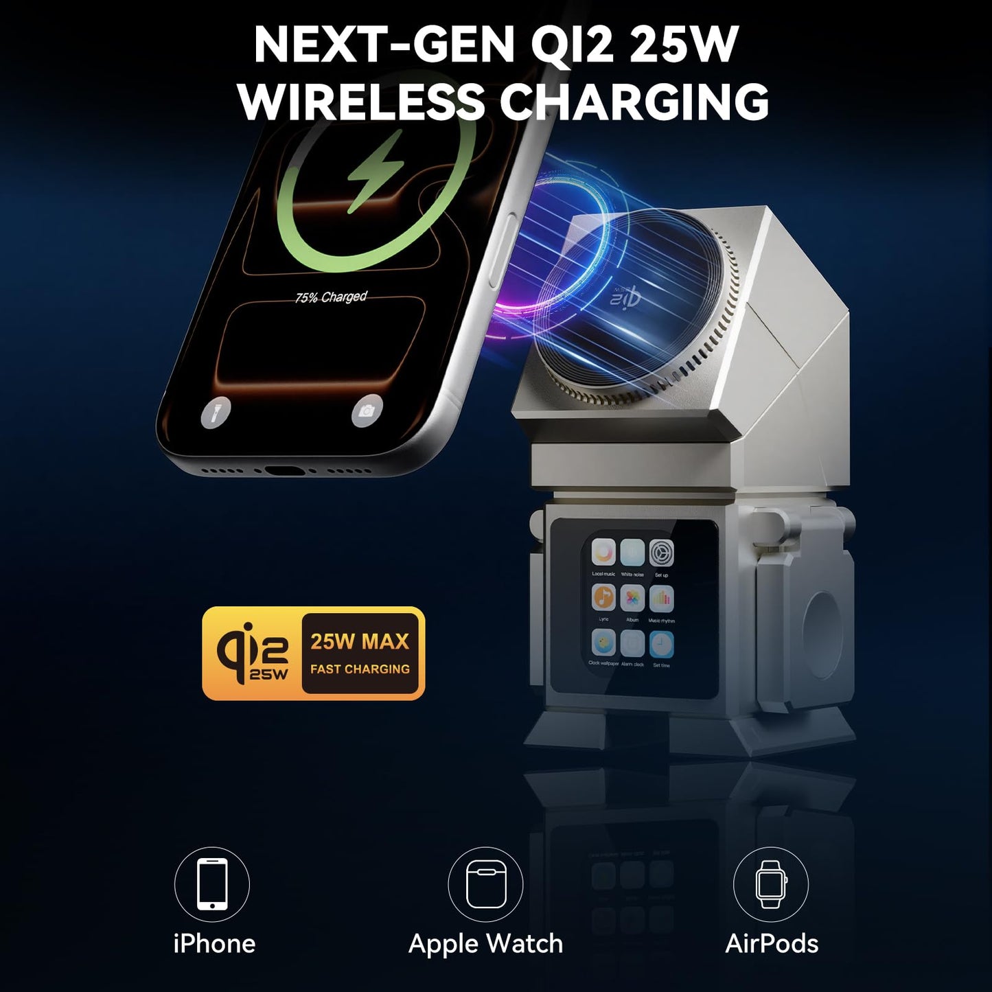 7-in-1 Robotic Wireless Charging Station with LCD Touch Screen, Bluetooth 5.3 Speaker, Alarm Clock, Qi2.2 25W Magnetic Rotating Fast Charging Dock for iPhone, iWatch, AirPods, 45W Adapter (Silver)