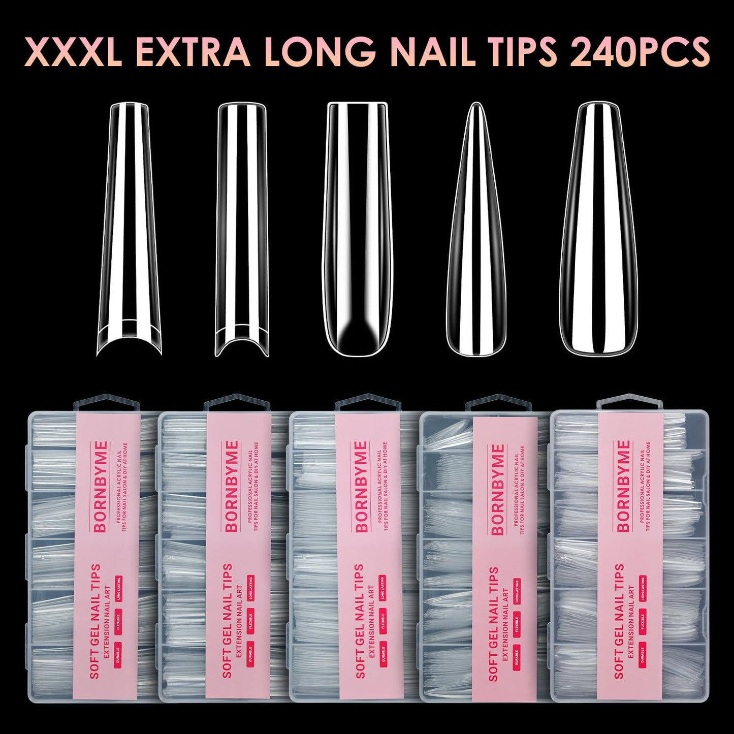 XXXL Nail Tips,BORNBYME Long Square Nail Tip Clear Nail Tips for Acrylic Nail Extension Press on Nails