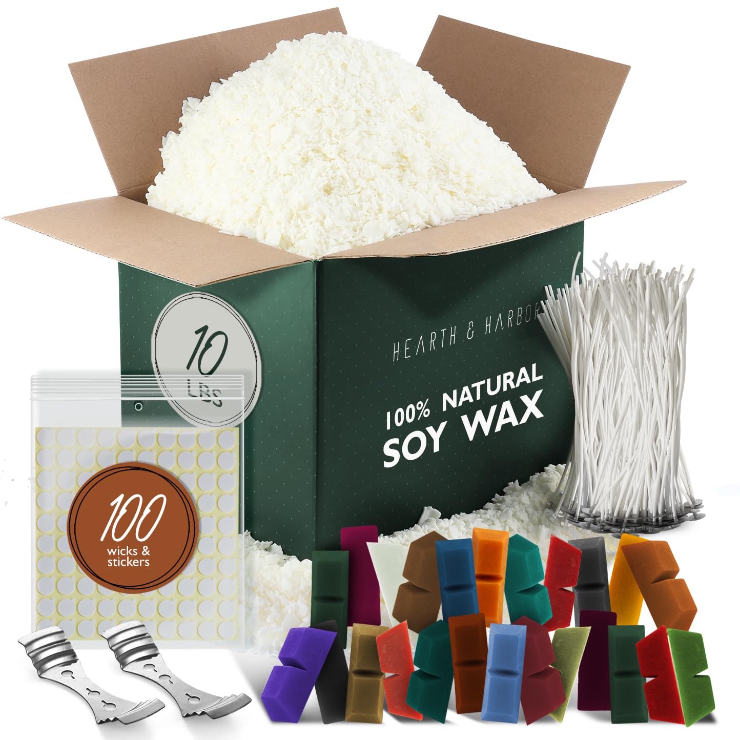 Hearth & Harbor Natural Soy Wax and DIY Candle Making Supplies - 10 Lbs Soy Candle Wax Flakes, 24 Candle Wax Dye Blocks, 100 Cotton Wicks, and 2 Metal Centering Device