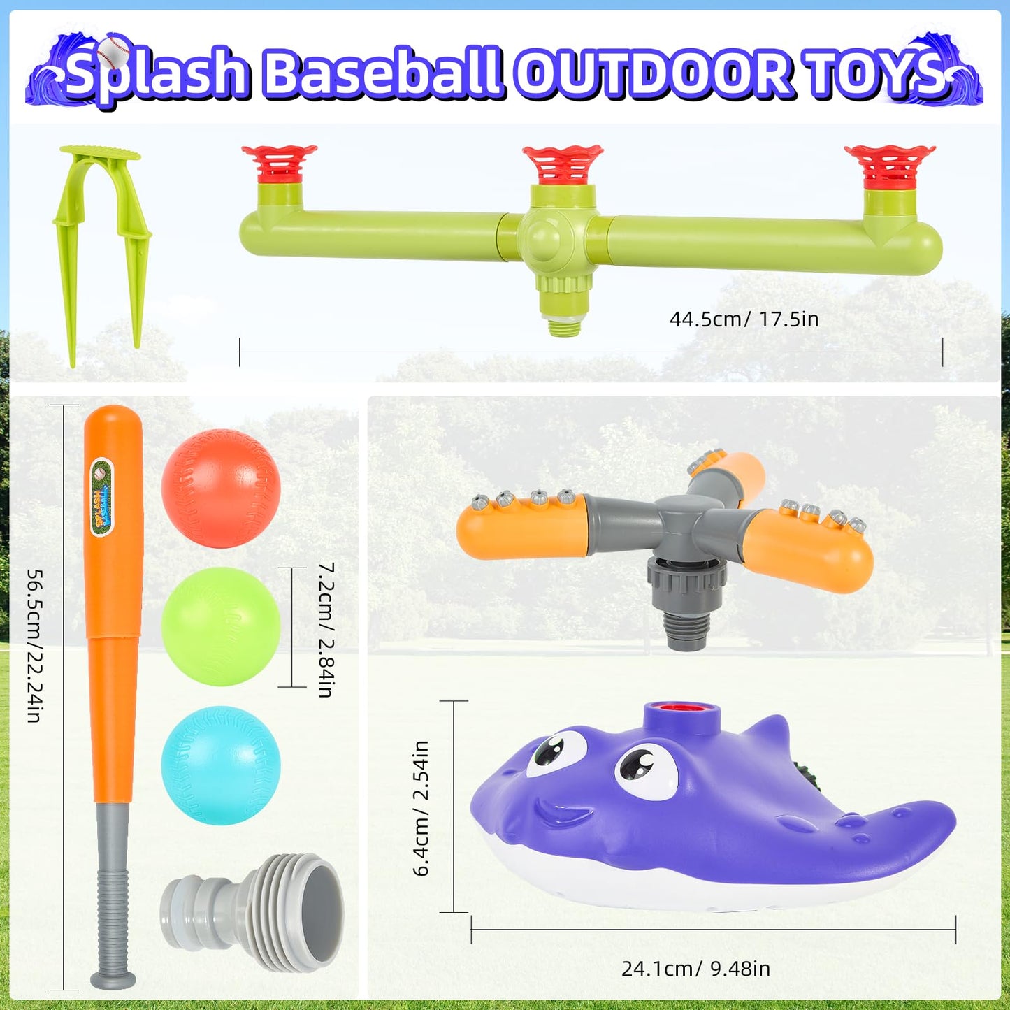 PWSOMJ 2-in-1 Water Sprinkler Baseball Toy Set for Kids, Summer Outdoor Water Game with 2 Sprinkler Heads, 360° Rotating Sprinkler for Backyard Summer Fun
