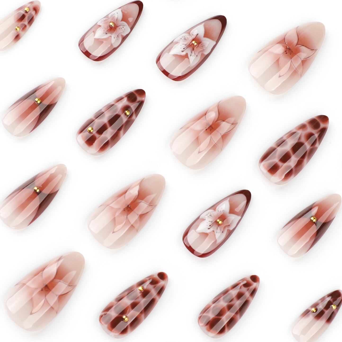 CTTHNBD Press on Nails Almond - Medium Fake Nails with Flower Pattern Design - Brown Ombre False Nails Press Ons - for Women Manicure 24 Pcs