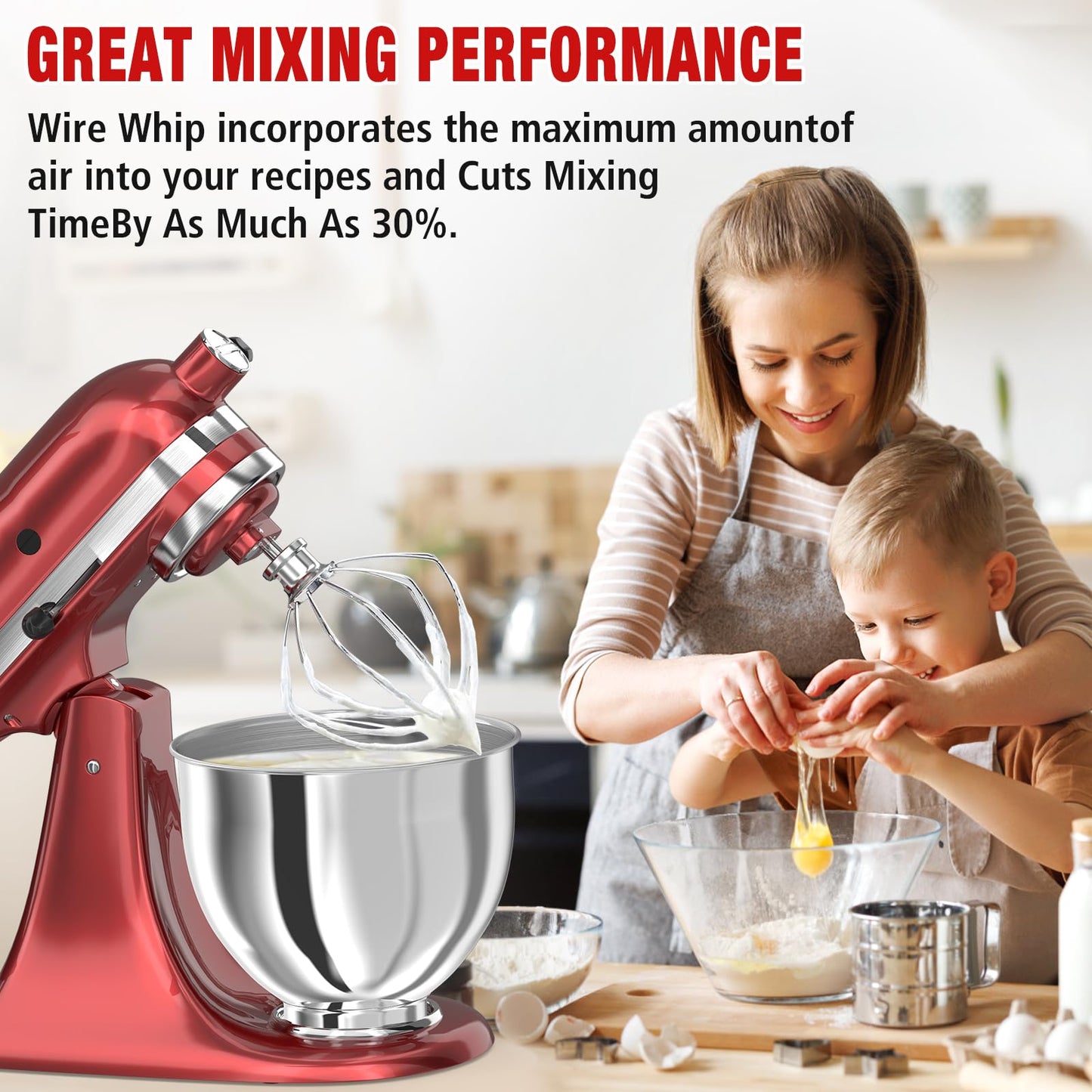 Stainless Steel Stand Mixer Attachments 3-Piece (4.5-5QT Flat Beater, 4.5-5QT Dough Hook, K45WW 6-Wire Whip Attachment) for KitchenAid Tilt-Head Stand Mixer and 4.5-5 Quart Bowl, Dishwasher Safe
