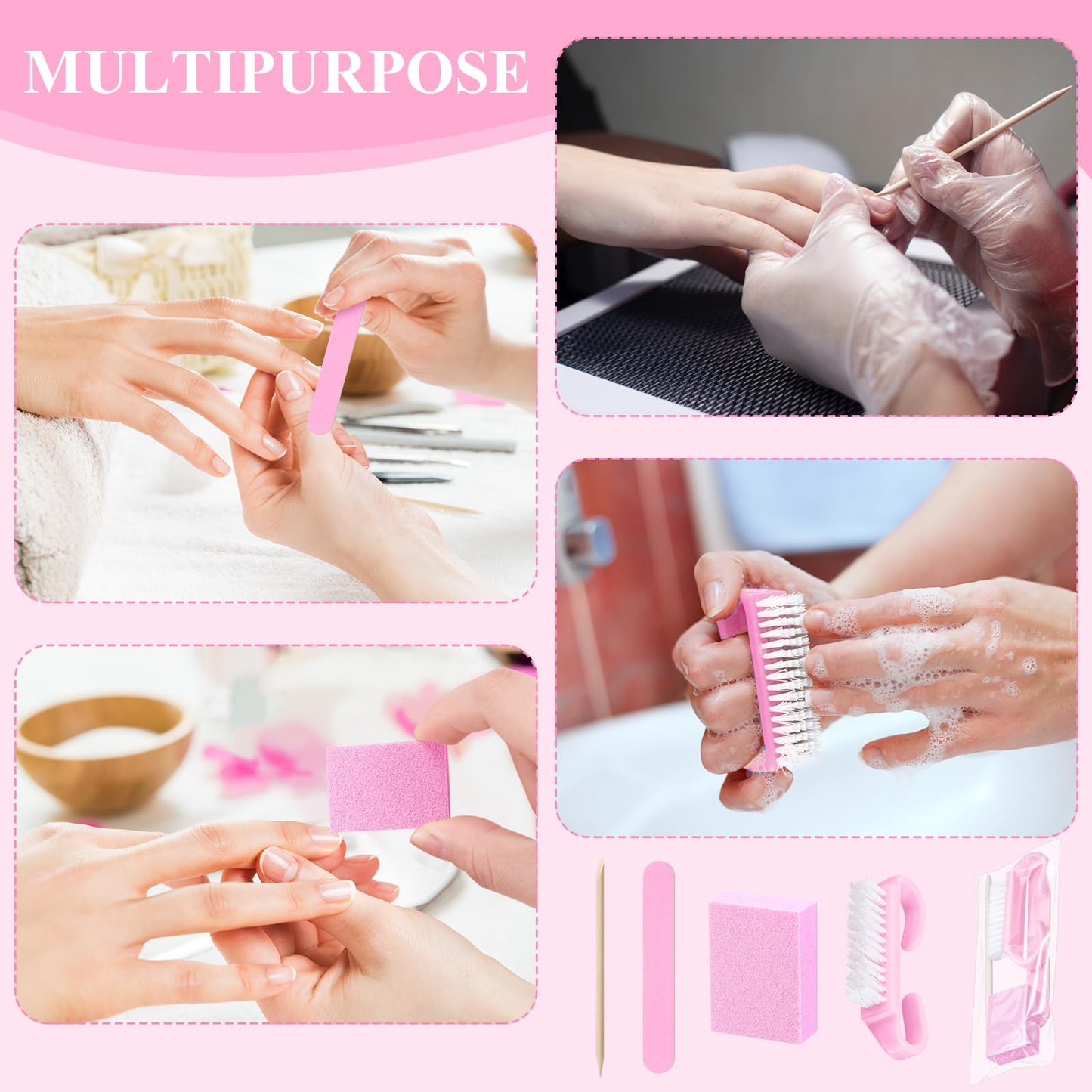 Leriton 100 Sets Mothers Day Professional Disposable Manicure Kit Basics 4 Piece Nail Kit Wood Nail File 100/180 Grit, Mini Buffer 80/100 Grit, Wood Stick and Handle Grip Brush Gifts(Pink)