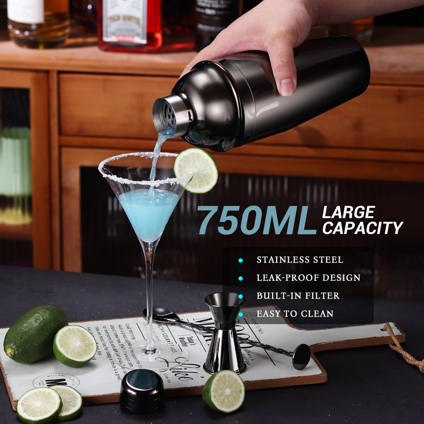 Cocktail Shaker Set Bartender Kit with Stand, 12 Piece Bar Set Drink Mixer Set with Stainless Steel Bar Accessories Tools: 25oz Martini Shaker Jigger Strainer Spoon Muddler for Cocktails (Black)