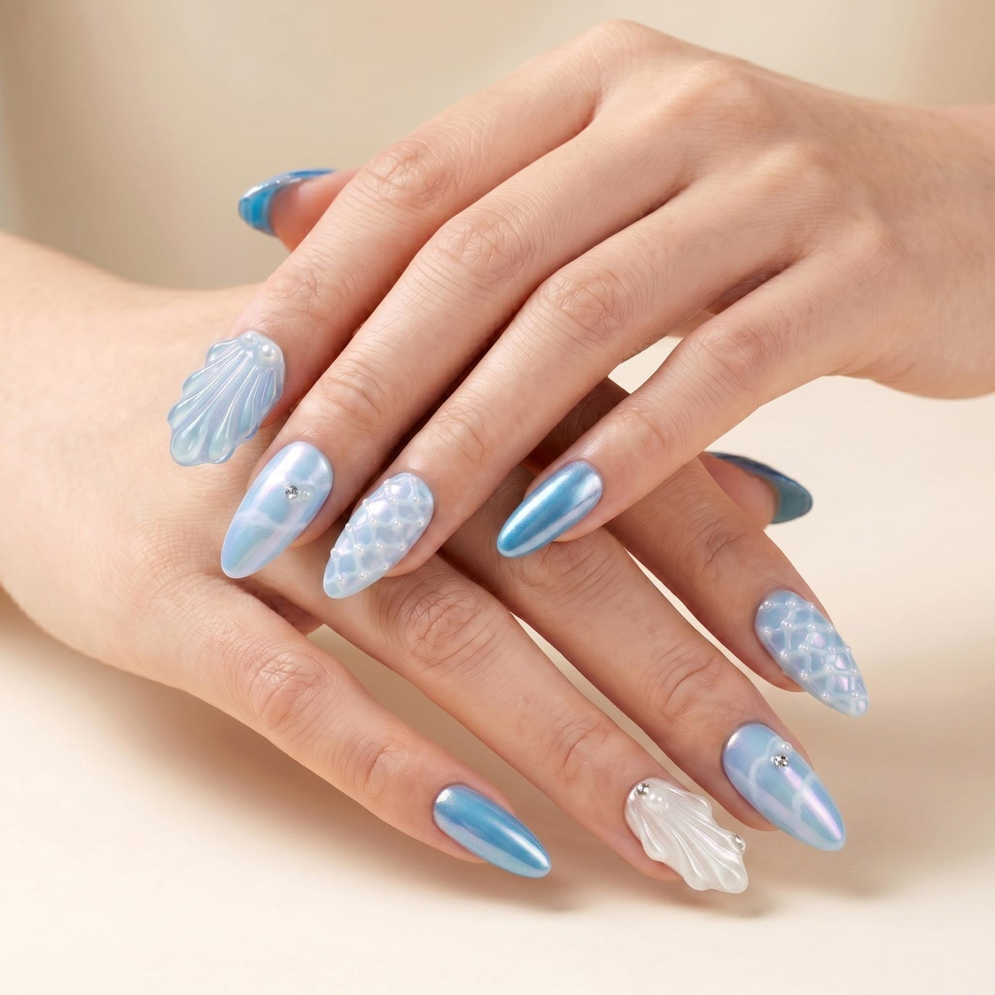 Sun&Beam Nails Handmade Press On Nail Medium Long Almond Oval Blue White Pearl Shell Fake Tip 3D Design Art Charms Cute with Storage Box 10 Pcs (#028 S)