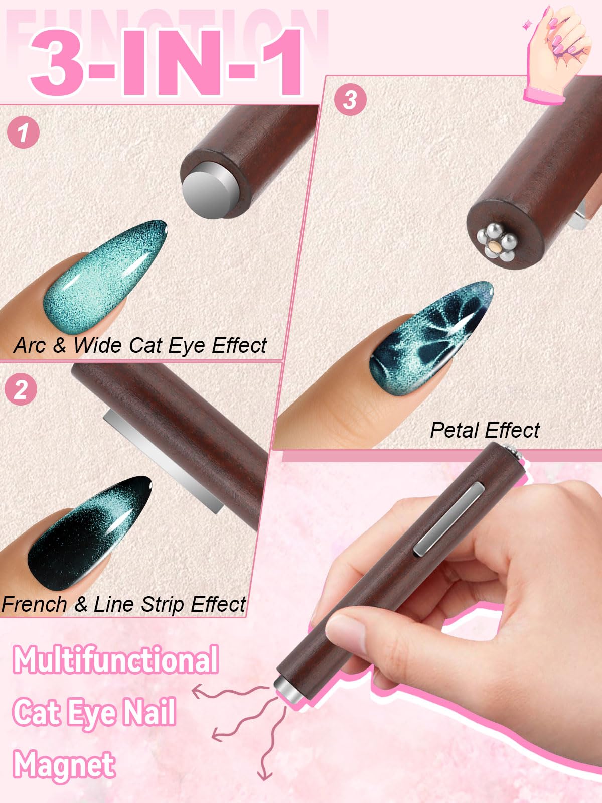 TOROKOM Cat Eye Magnetic for Nails, 54PCS 3-in-1 Cat Eye Gel Nail Polish Magnet Tools Powerful Set Multiple Style Nail Magnets French Heart Beads Nail Art Tools for Nail Art Designs