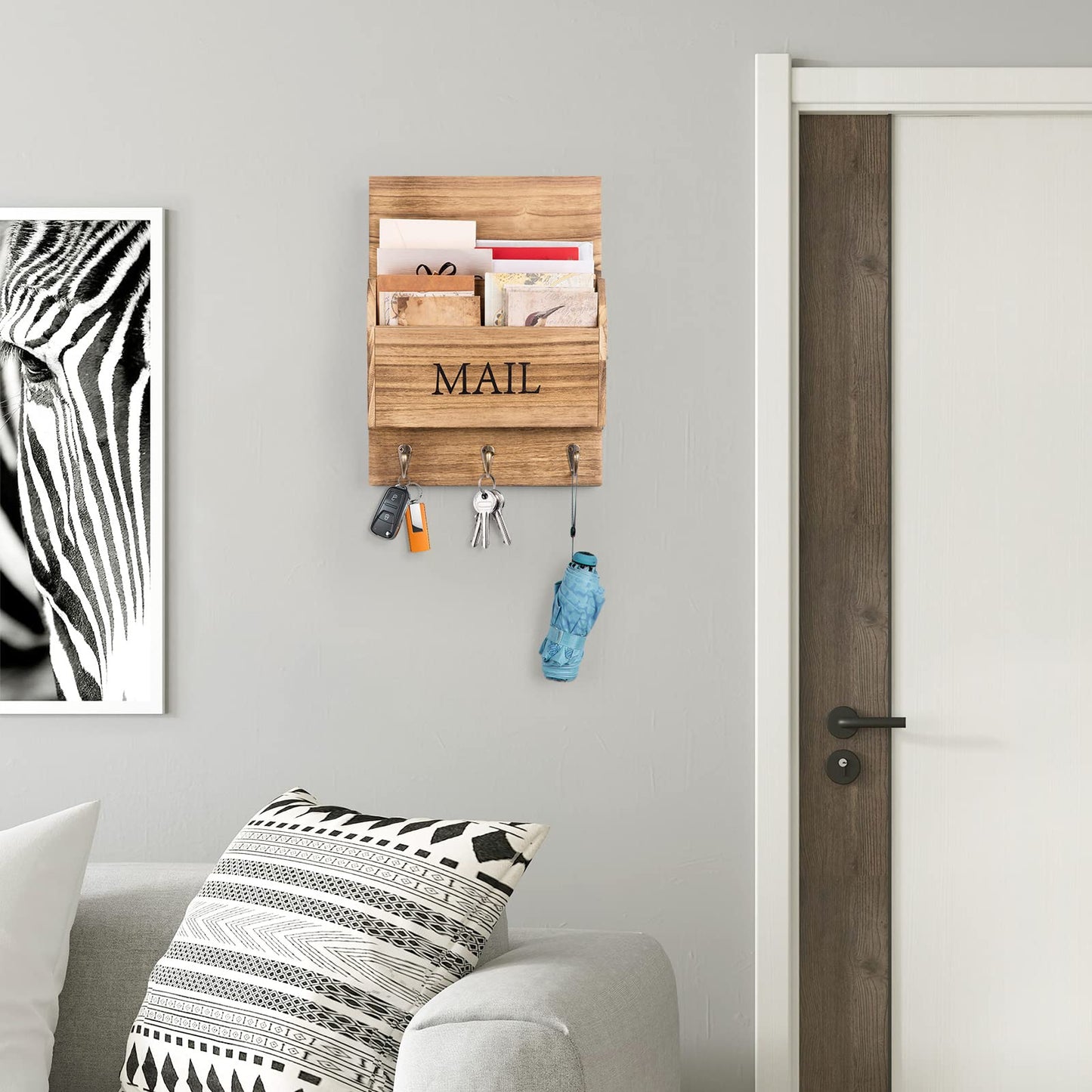 DLQuarts Mail Organizer with Key Holder for Wall Decorative Mail Sorter Wall Mounted, Wooden Mail Holder with 3 Hooks, Carbonized Brown