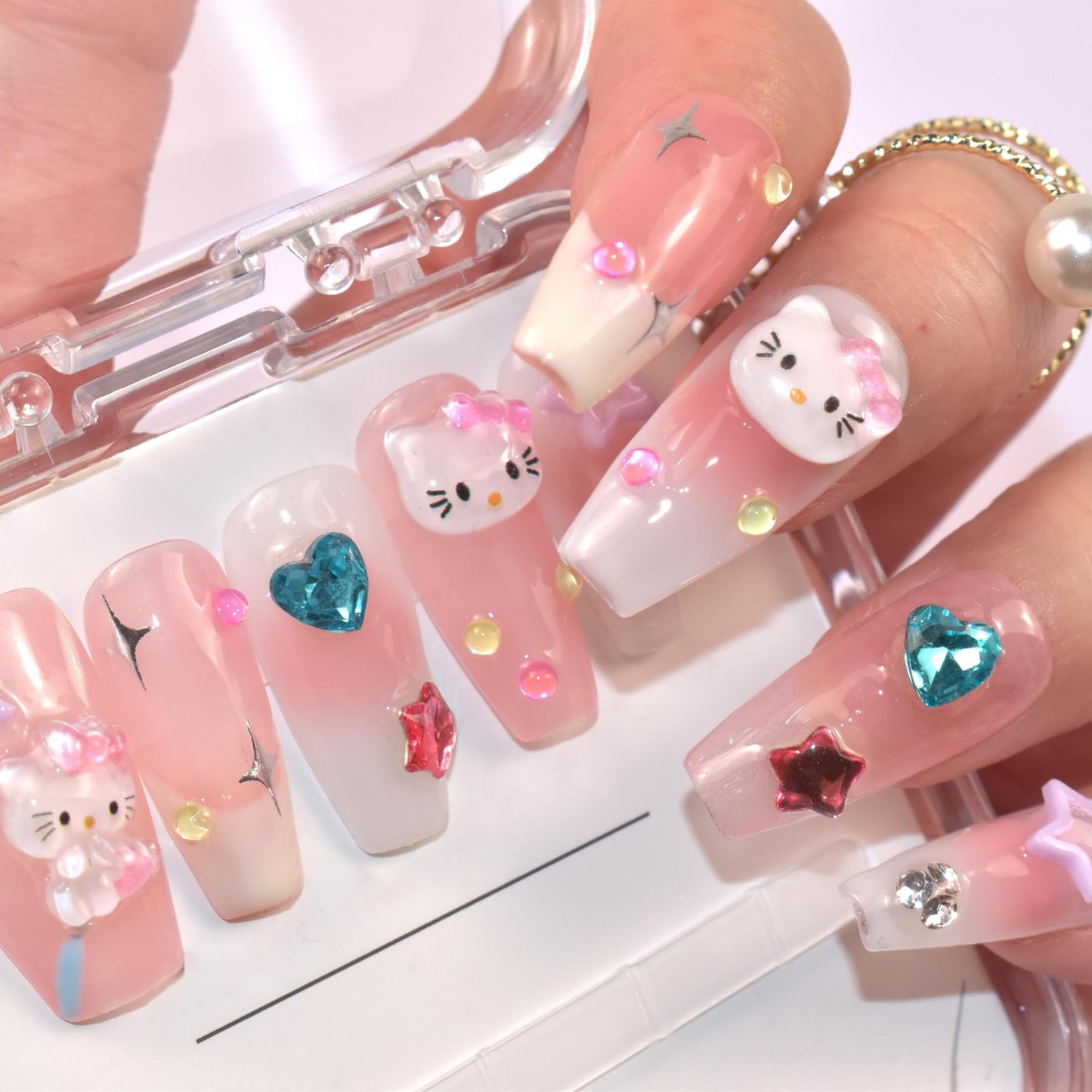 LIFOOST Press on Nails Handmade Fake Nails Medium Coffin Gel Finished False Nails Cute Kawaii Y2K 3D Cartoon Cat Design 10Pcs, Size Small