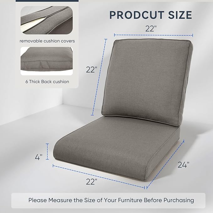 Outdoor Chair Cushions for Patio Furniture - 1 Pack Outside Durable Thick Replacement Cushion 22x24 with Zipper Cover for Wicker Glider Rocking Chairs Loveseat Couch – Grey/Regular