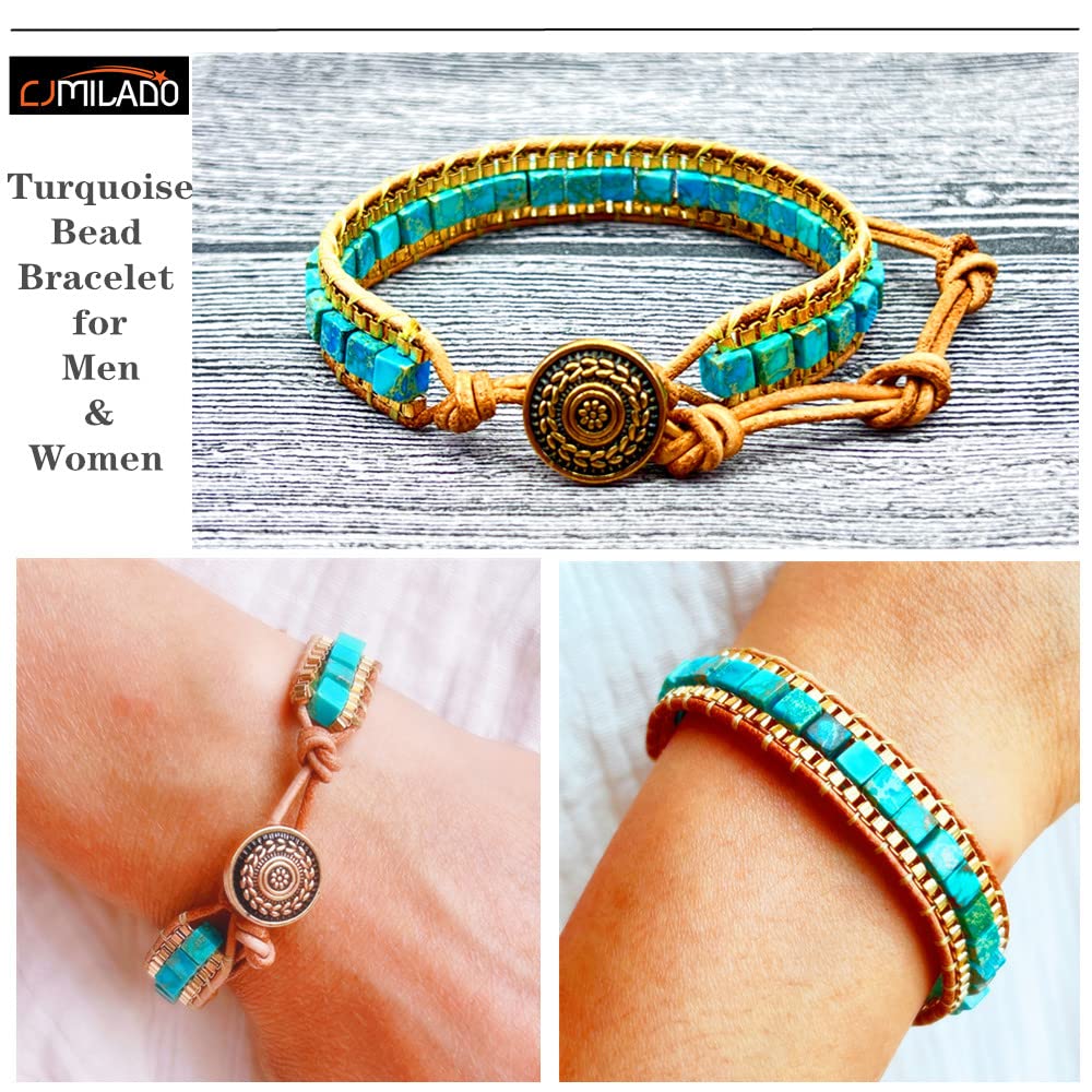 CJMILADO Mens Genuine Leather Bracelet - Handmade Adjustable Leather Cuff Bracelet punk Style leather wrap Wristband for Men (W-Turquoise Bead)