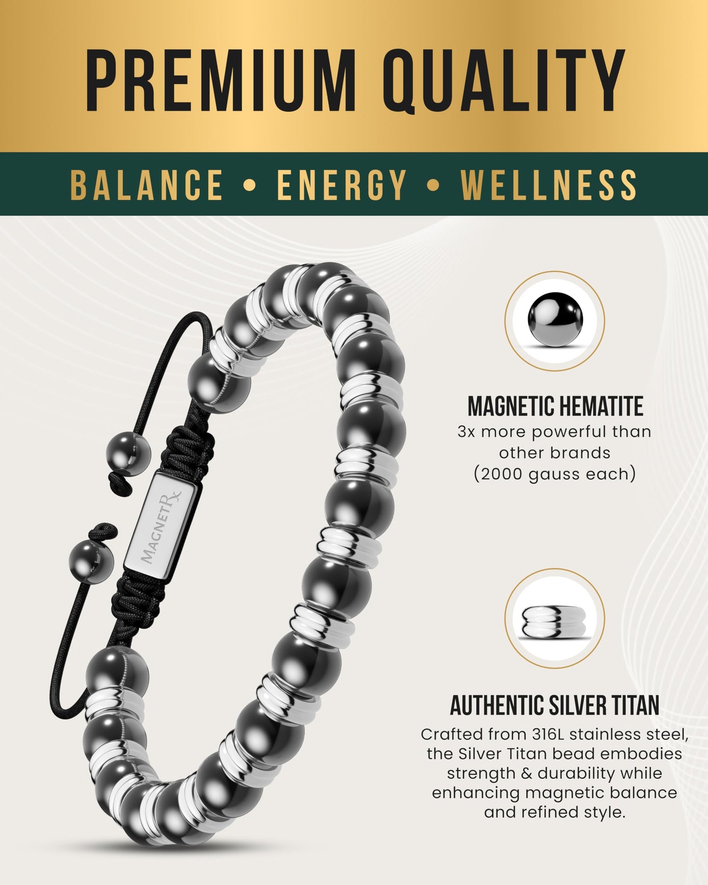 MagnetRX® Magnetic Hematite Bracelet - Max Strength Magnet Stones - Beaded Magnetic Bracelets for Men and Women (Silver Titan 8mm Bead)
