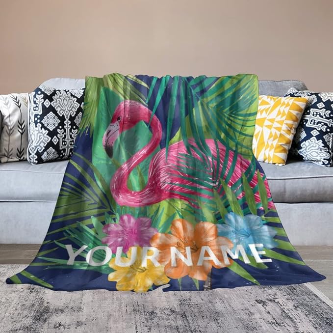 Custom Flamingo Blanket Gifts with Name - 40 x 50 Inches Funny Flamingo Throw for Kids - Green Warm Furry Plush Blankets for Couch