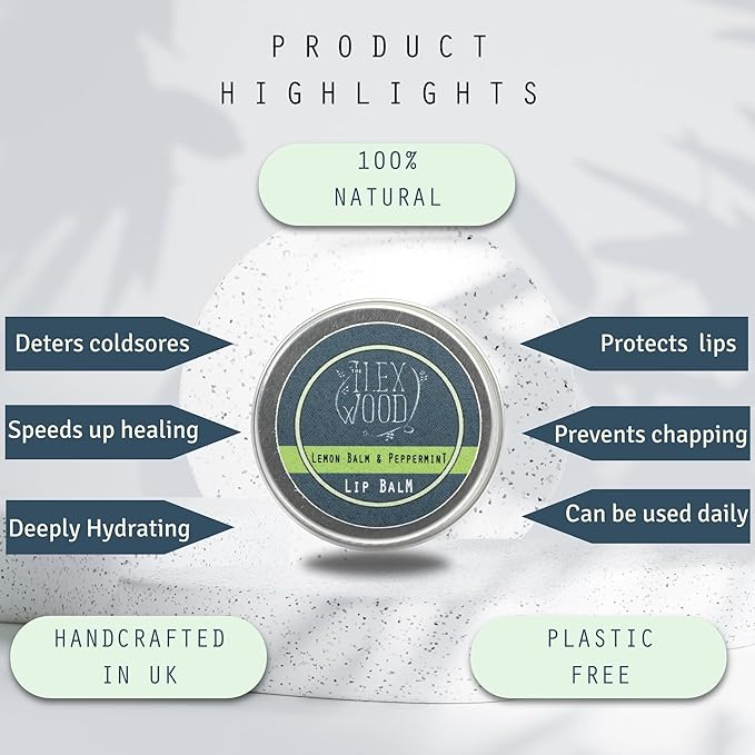 The Ilex Wood - Vegan All Natural Lip Balm - Lemon Balm and Peppermint - Cold Sore Treatment for Lips, Palm Oil Free, Cruelty Free, Plastic Free, Moisturising Lip Balm, Handcrafted - 10ml (0.34 fl oz)