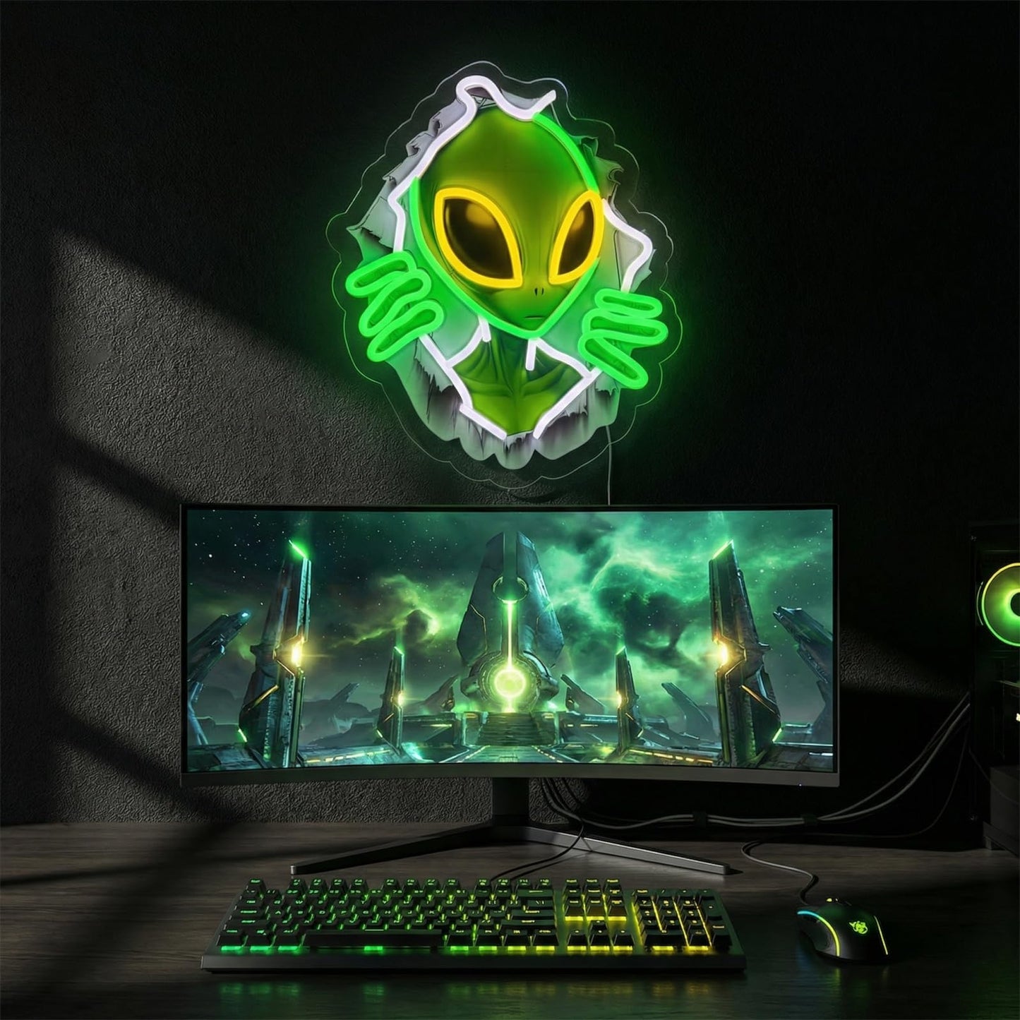 Alien Peeking Through Wall Neon Sign, Green UFO LED Wall Light, USB Powered Alien Neon Light for Game Room, Men's Cave, Bedroom & Party Decor, Ideal Alien Gifts