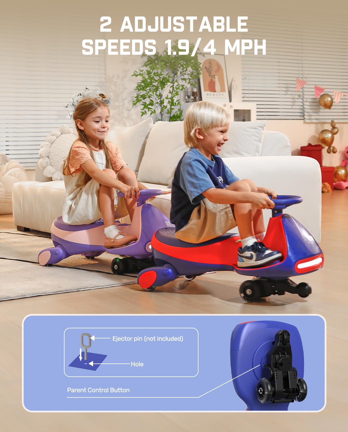 FanttikRide N7 Pro Electric Wiggle Car with Pedal, Rechargeable Battery, CyberWiggle, 2 in 1 Swing Car, 2 Speeds Max 4 Mph, Anti-Rollover, Flashing Wheels, Bluetooth, Ages 3+, 150 Lbs, Blue