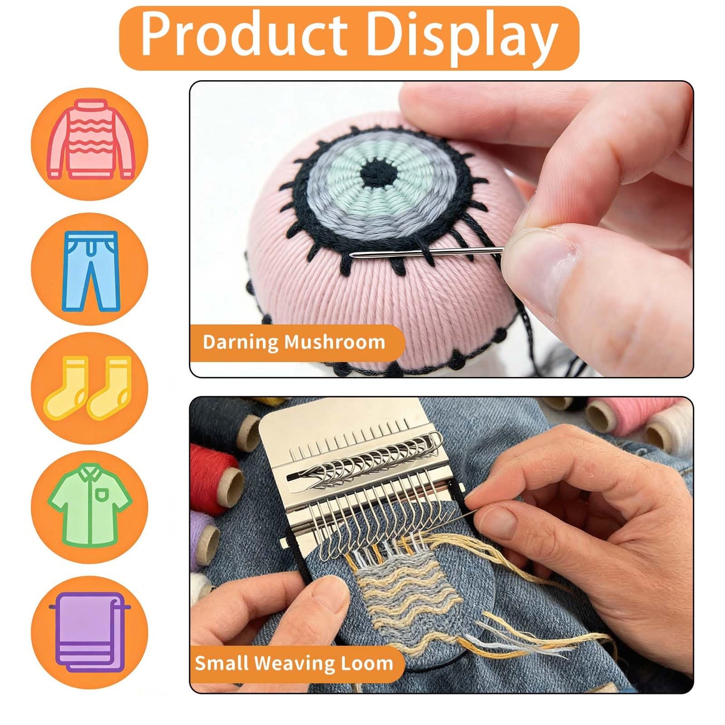 Semyifu Mini Darning Loom, Mushroom Knit Patch Kit, knitpatch kit for Beginners with 14 Hooks, patchmaker Loom for Jeans Socks Clothes Repair, Includes Needles Threads & Pin Cushion (Random Pattern)