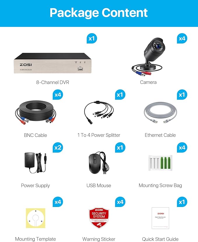 ZOSI 3K Lite Security Camera System Indoor Outdoor,AI Human/Vehicle Detection,Night Vision,Remote Access,4pcs 1080P 1920TVL Weatherproof Surveillance Cameras,H.265+ 8CH CCTV DVR(NO HDD)