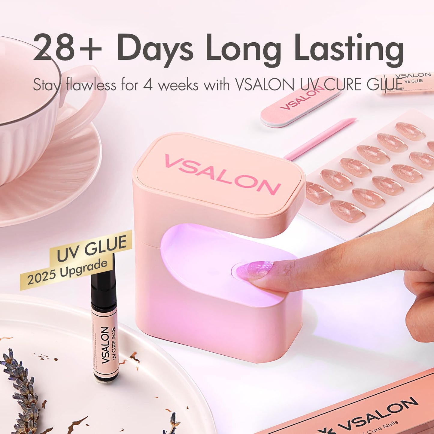 VSALON Press On Nails Almond Medium, Cat Eye French Tip Nude Pink Sparkly Fake Nails With UV Glue Reusable Semi-transparent Spring Wedding Stick On Nails 32 Pcs 16 Sizes