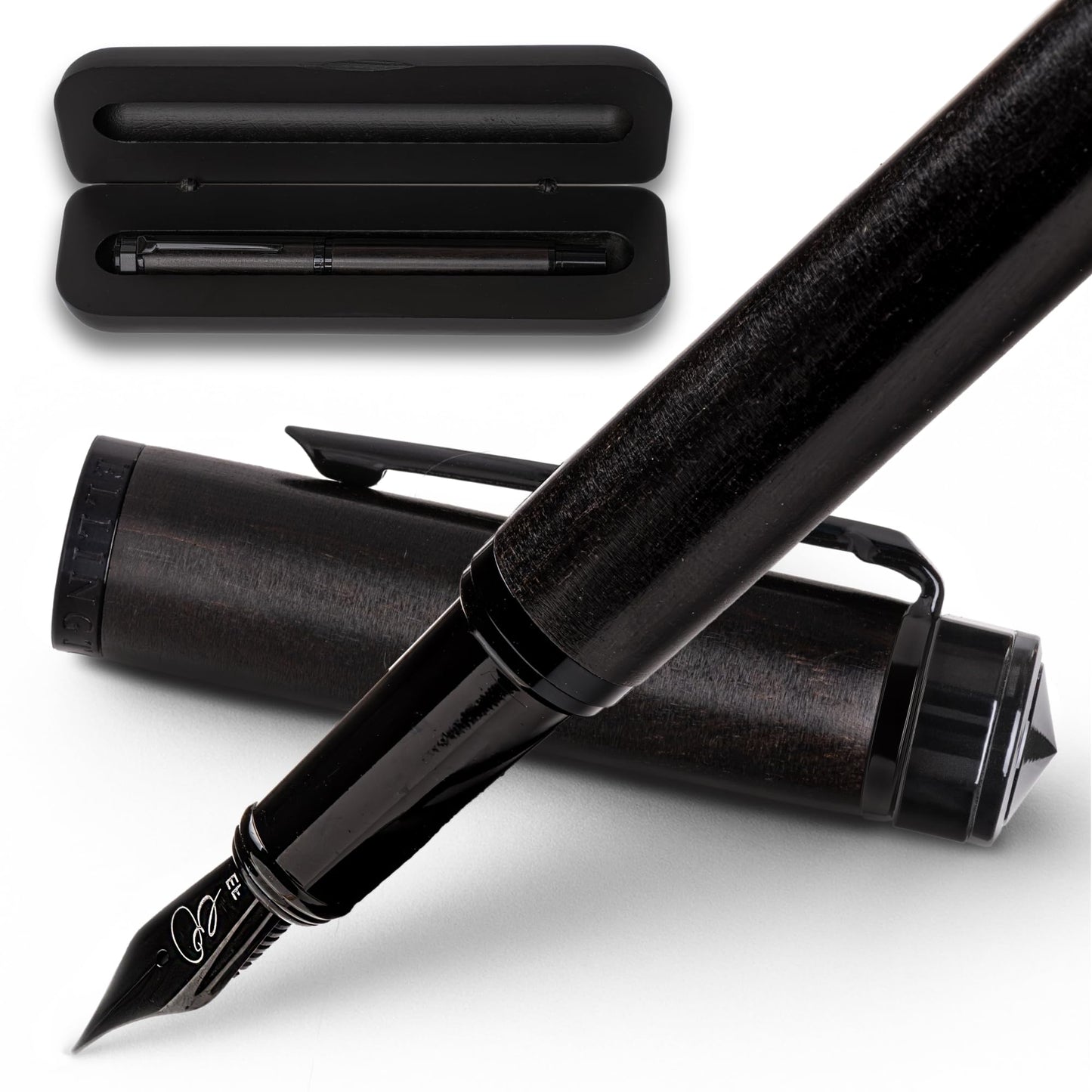Ellington Pens Luxury Wood Fountain Pen Set – Fine Nib - Includes 6 Ink Cartridges, Wooden Pen Gift Box, Ink Converter - Wood Pen For Writing, Calligraphy, Journaling, Drawing (Ebon Elegance)