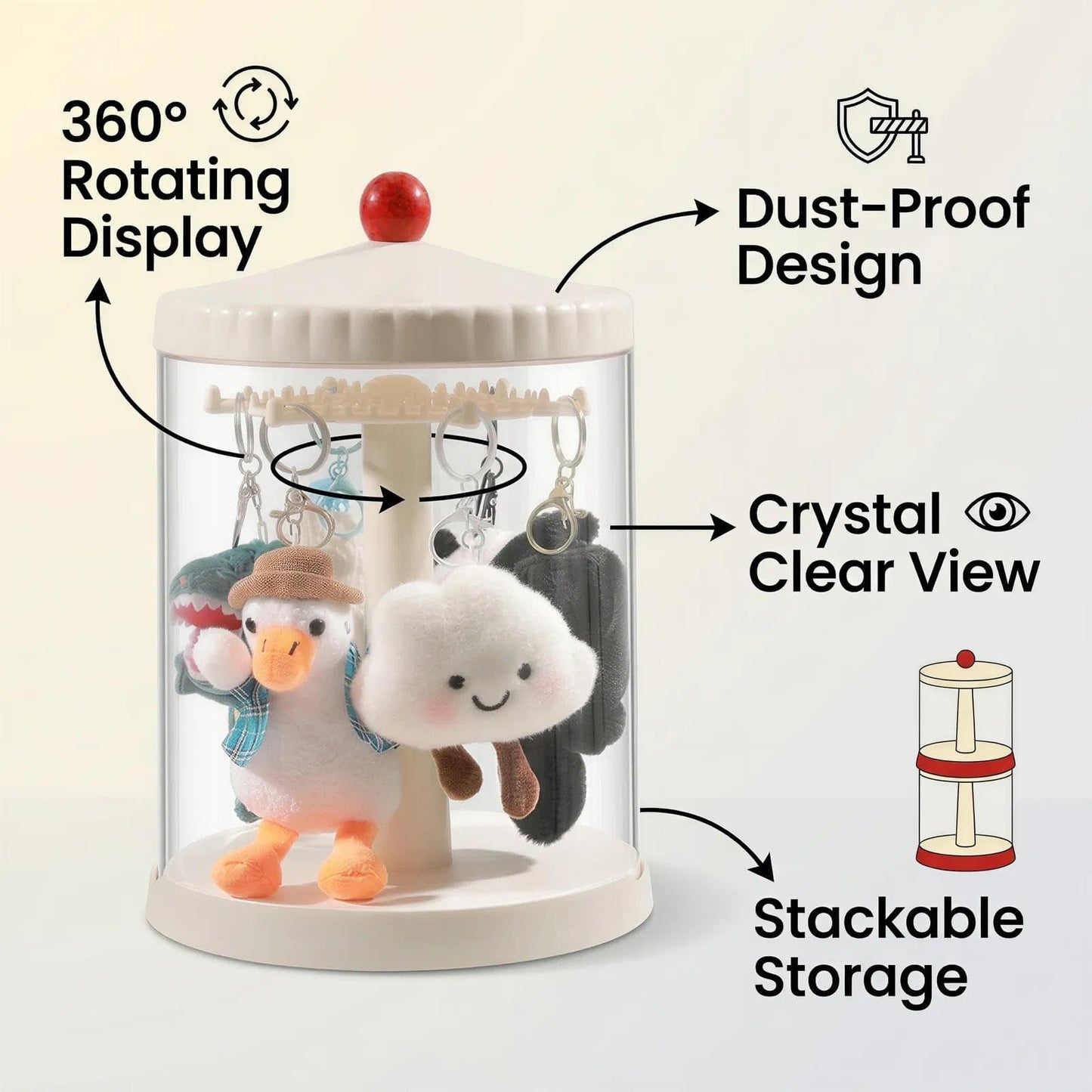 iobiotio Rotating Display Case Compatible with Labubu, Stackable Clear Blind Box Storage Organizer for 6.7" Doll, Dustproof Figure Showcase for Plush Keychain, Hanging Doll Holder for Desktop Decor