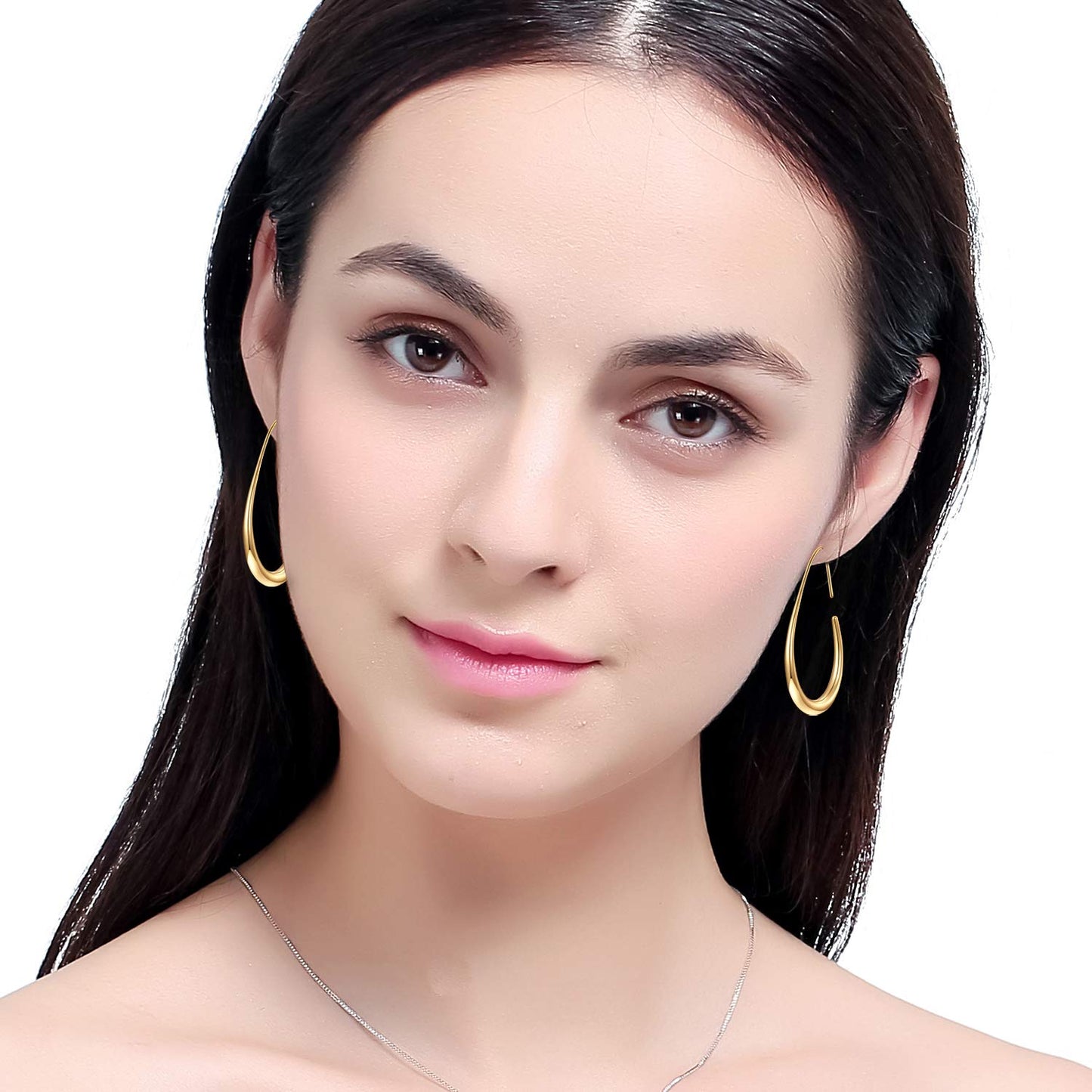 Lightweight Teardrop Hoop Earrings for Women - 14k Gold/White Gold Plated Large Oval Pull Through Hoop Earrings High Polished Statement Jewelry Gift for Women(gold 30 * 18)
