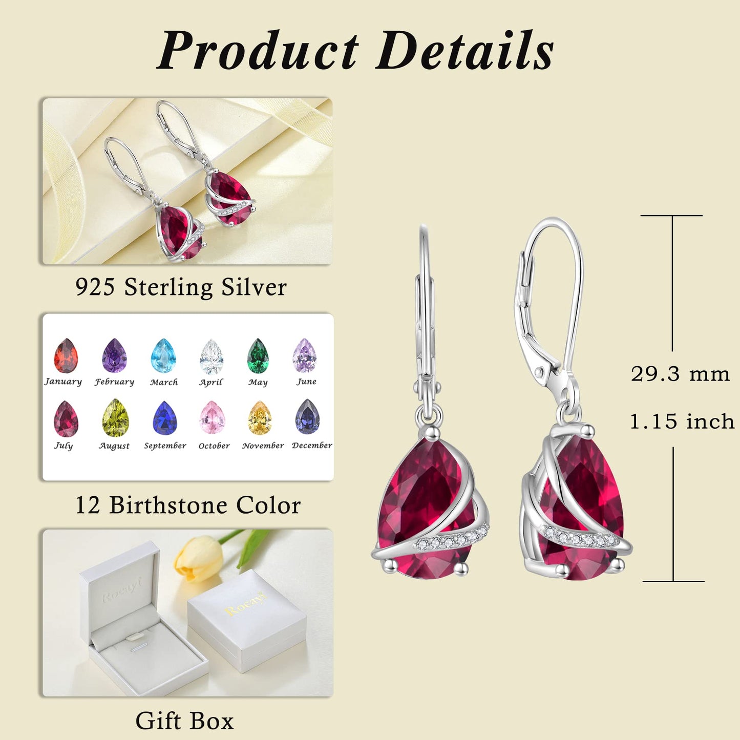 Rocayi Teardrop Ruby Earrings 925 Sterling Silver Dangle Drop Earrings July Birthstone Jewelry for Women