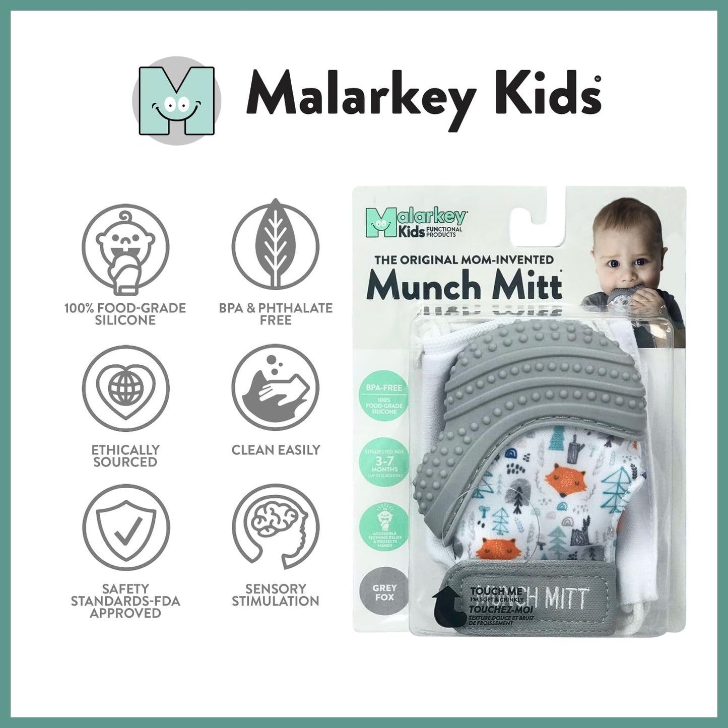 Malarkey Kids Patented Teething Mitten, Munch Mitt Baby Chew Toy - Protects Hands from Chewing & Saliva, Heals Aching Gums, Promotes Sound & Visual Stimulation for Babies - Grey Fox