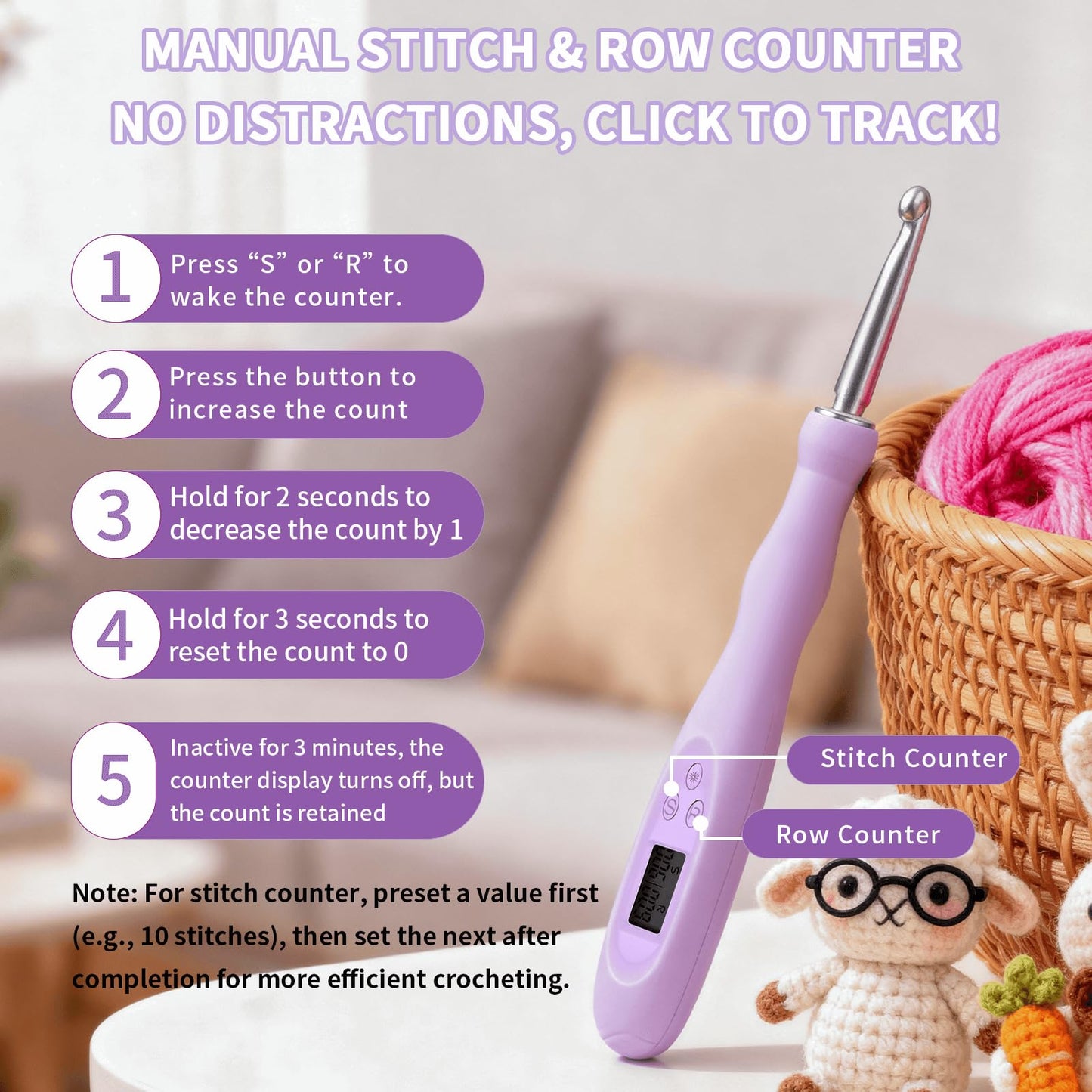 SPEENSUN Light Up Crochet Hook Set with Stitch/Row Counter, 18 Replaceable Heads (2mm-14mm) Crochet Hooks, Bright/Low Light Modes with Ergonomic Handle, 7-9hrs Runtime, Gift Box for Crafters