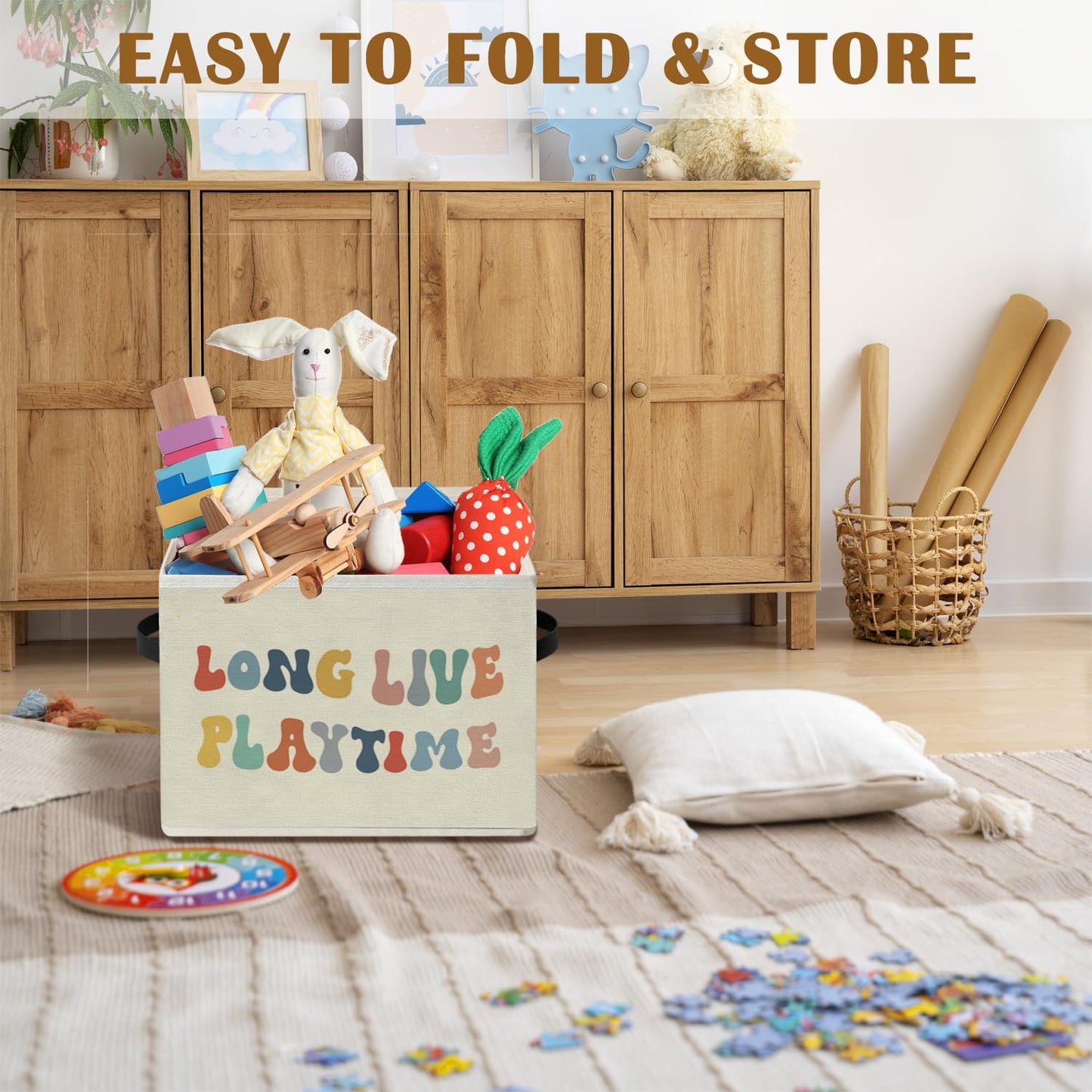 Dilemat Boho Long Live Playtime Toy Storage Bins Box, Playroom Decor,Foldable Collapsible Storage Basket Organizer for Toddler Nursery Room Bedroom Playroom Toys Books Clothes