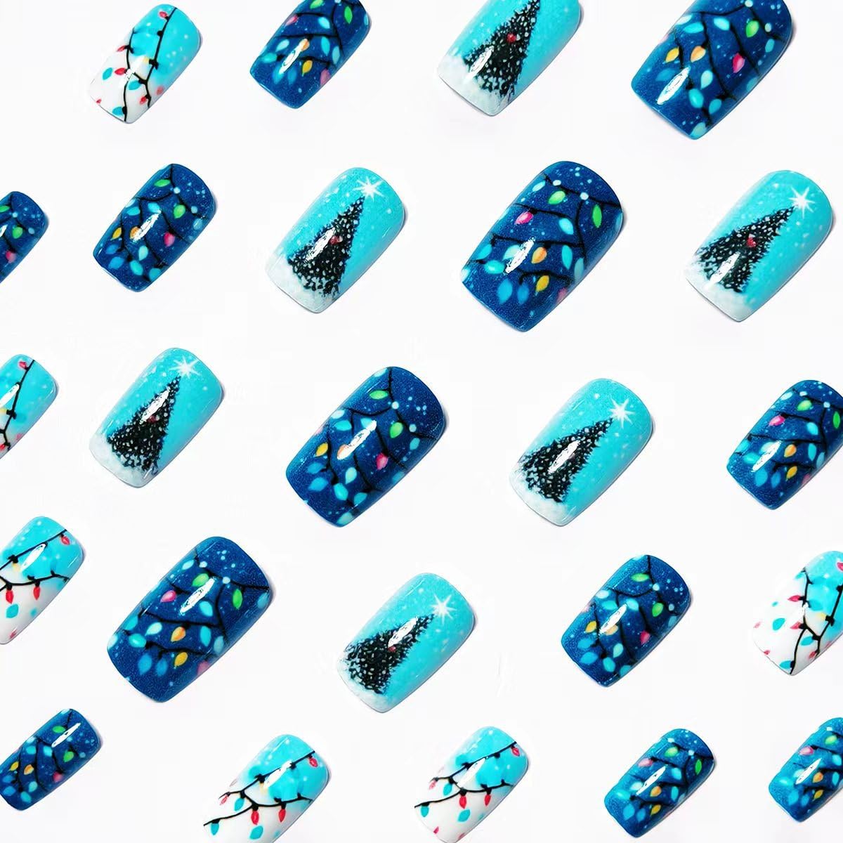 24Pcs Christmas Press on Nails Medium Length Fake Nails with Christmas Tree & Colored Lights Designs Winter Xmas False Nails for Women Full Cover Glossy Christmas Nails Press ons Manicure Kit