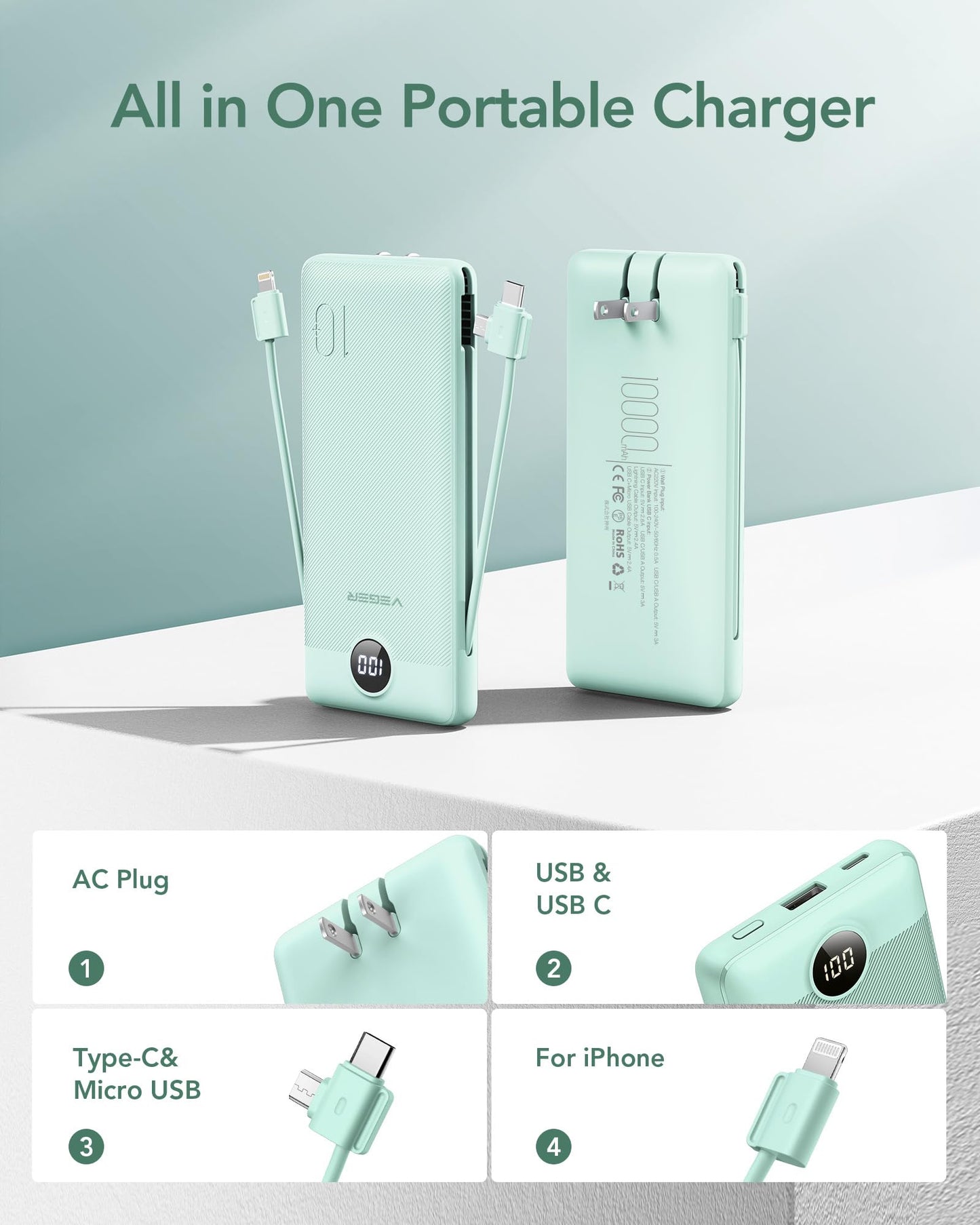 VEGER Portable Charger with Built-in AC Plug and Cables, All in One 10000mAh Ultra Slim Power Bank Travel Essentials, Fast Charging Battery Pack Compatible with iPhone, Samsung, Android (Green)