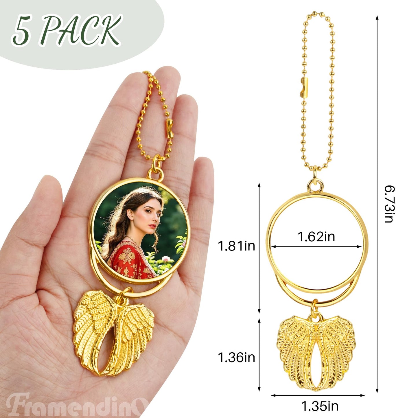 Framendino, 10 Pack Gold Angel Wings Car Hanging Ornaments Mirror Accessories Blank Personalized Heat Transfer Photo Frame Keychain for DIY Crafts