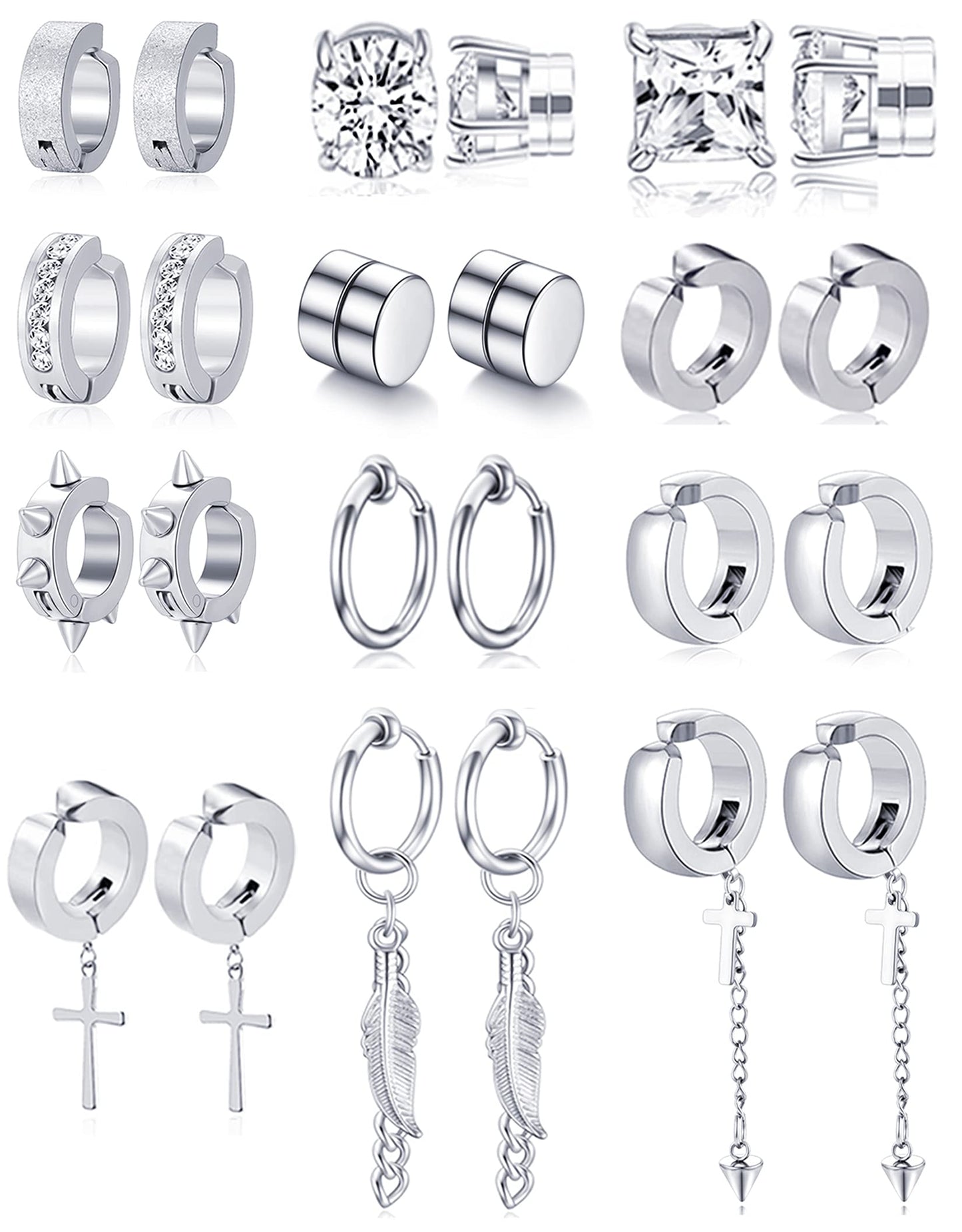 Ofeiyaa 12 Pairs Magnetic Stud Earrings Stainless Steel CZ Hoop Punk Feather Dangle Hinged Non-Piercing Earrings Clip on Magnet Earring Set for Women Men Silver Plated