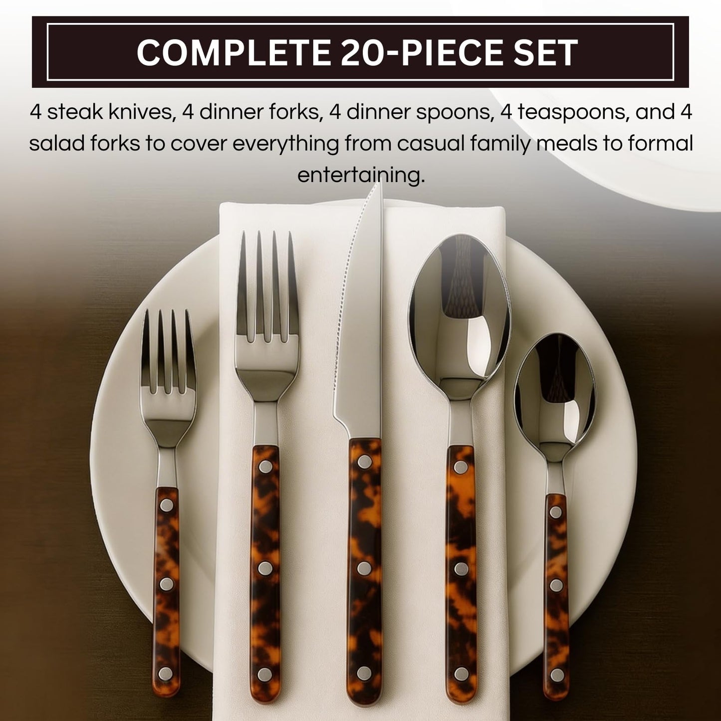 Khen Premium Stainless Steel Flatware Set, 20 Piece Tortoise Cutlery Collection, Mirror Polished Tableware Utensils for Kitchen Dining, Elegant Modern Design with ABS Handle, Durable Dinnerware