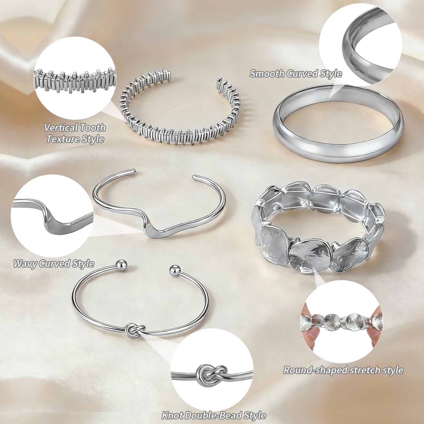 VEINARDYL Silver Bracelets set for Women, Silver Plated Bangles Cuff Bracelets Stack, Open Adjustable Bangles Fashion Accessories Jewelry Set for Gifts Birthday Valentines Day