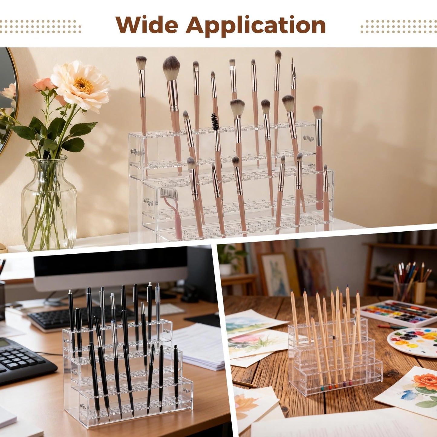 ZALIR Makeup Paint Brush Organizer Rack, 3 Layers 144 Holes Clear Acrylic Pen Display Stand, Stepped Pencil Storage Rack, Multi-Level Cosmetic Brush Holder for Vanity, Craft Show Station