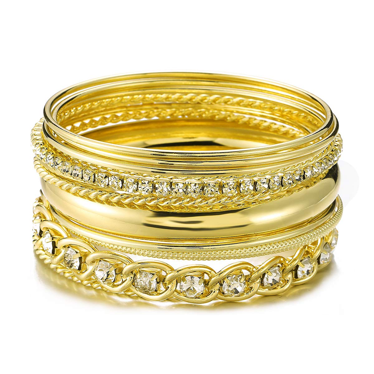 Ensoul Shiny Gold Color Twisted Multiple Metal Bracelets & Bangles Set For Women 12Pcs/Set W/Clear Rhinestones