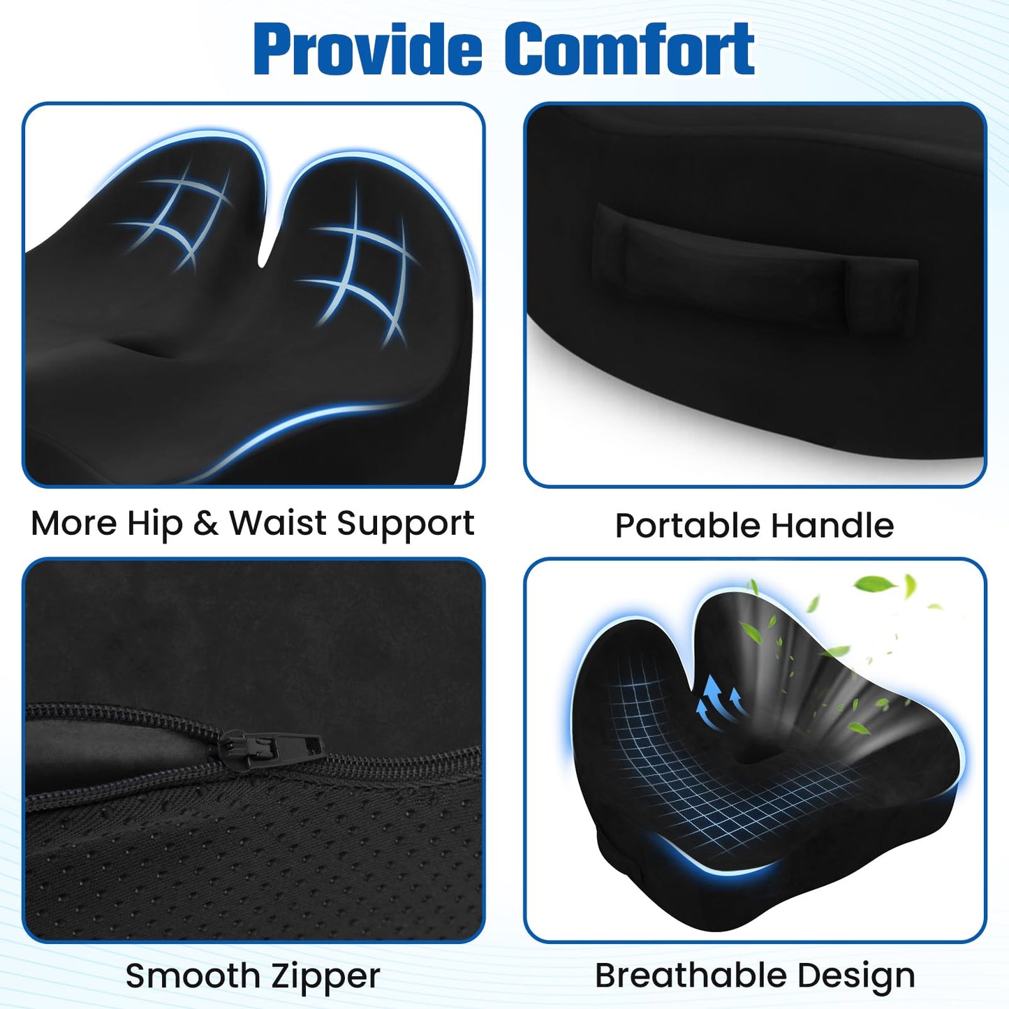 DailyCuddles Seat Cushion, Chair Cushions for Office Chairs/Desk Seats/Wheelchair - Hip&Sciatica&Tailbone Pain Relief Memory Foam Office Chair Cushion for Long Sitting Office Workers, Black