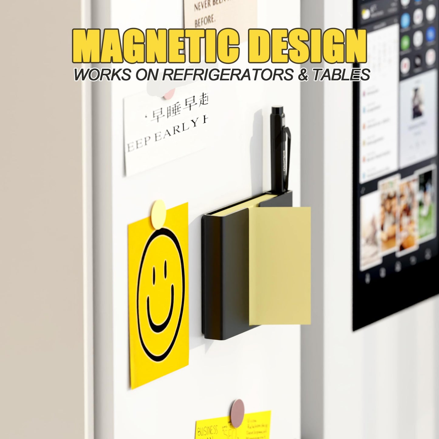 Sticky Note Dispenser, Magnetic Sticky Note Holder for Post It Notes, 3 x 3 Inch Sticky Note Pen Organizer for Office Home Classroom, Black