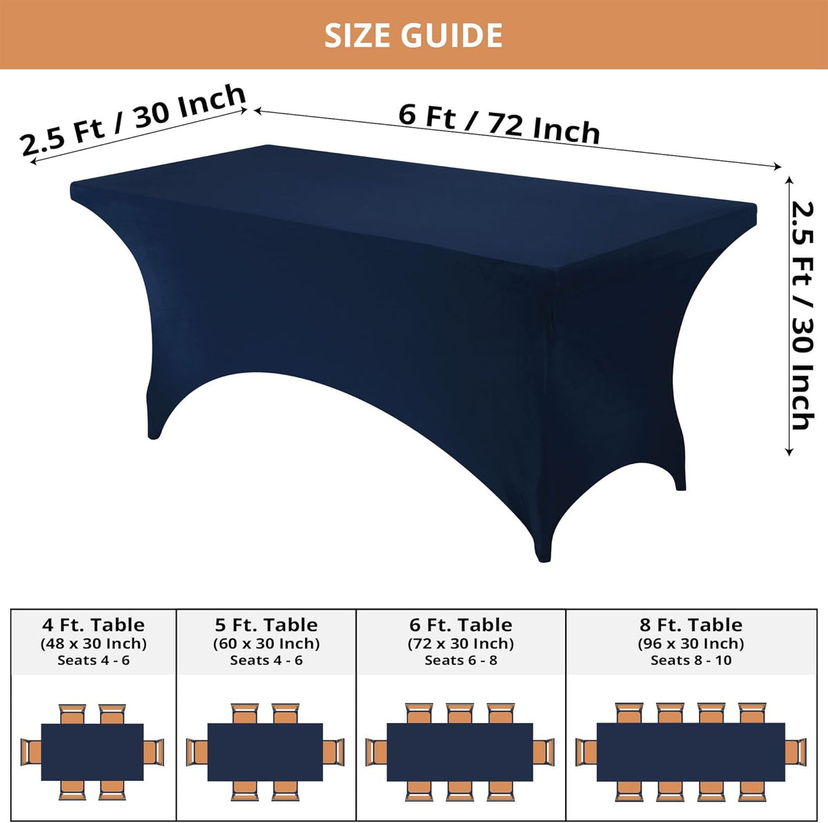 Utopia Kitchen 6ft Spandex Table Cloth Rectangle [1 Pack, Navy Blue] 200GSM Premium Stretch, Lycra, Washable and Wrinkle Resistant Table Cover Fitted for Event, Wedding, Banquet [72Lx30Wx30H Inch]