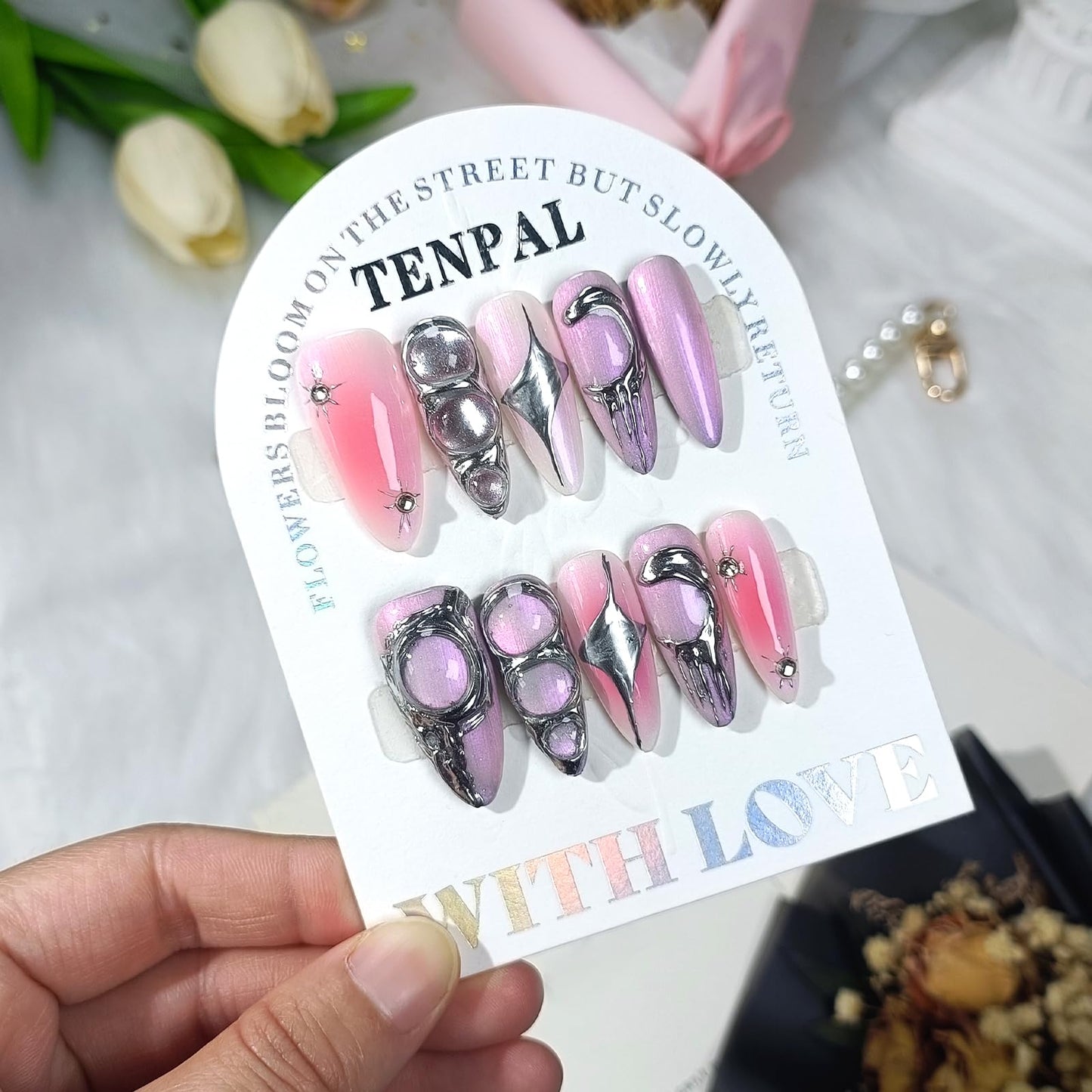 TENPAL Handmade Press on Nails Almond,Sweet Cool Fake Nails With Designs,Metal 3D Aurora Nails 10Pcs/Box,Acrylic False Nails Press Ons,y2k False Nails With Glue For Women Girls Gift(L)