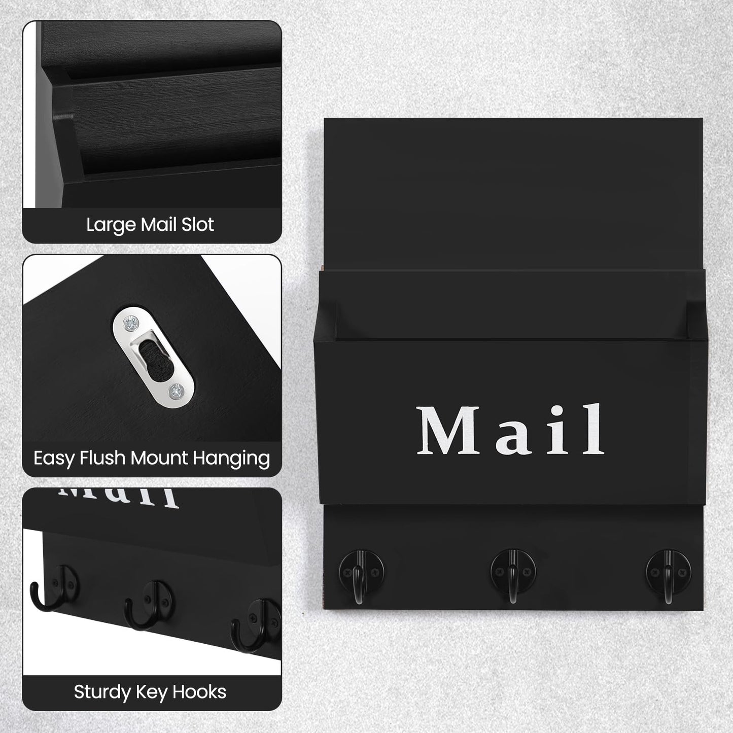 Lucundm Mail and Key Holder - Decorative 8.86" x 11.42" Wall Key Hanger with 2 Mail Organizer Slots and 3 Hooks - Real Paulownia Wood with Keyhole Brackets, Hardware and Instructions (Black)