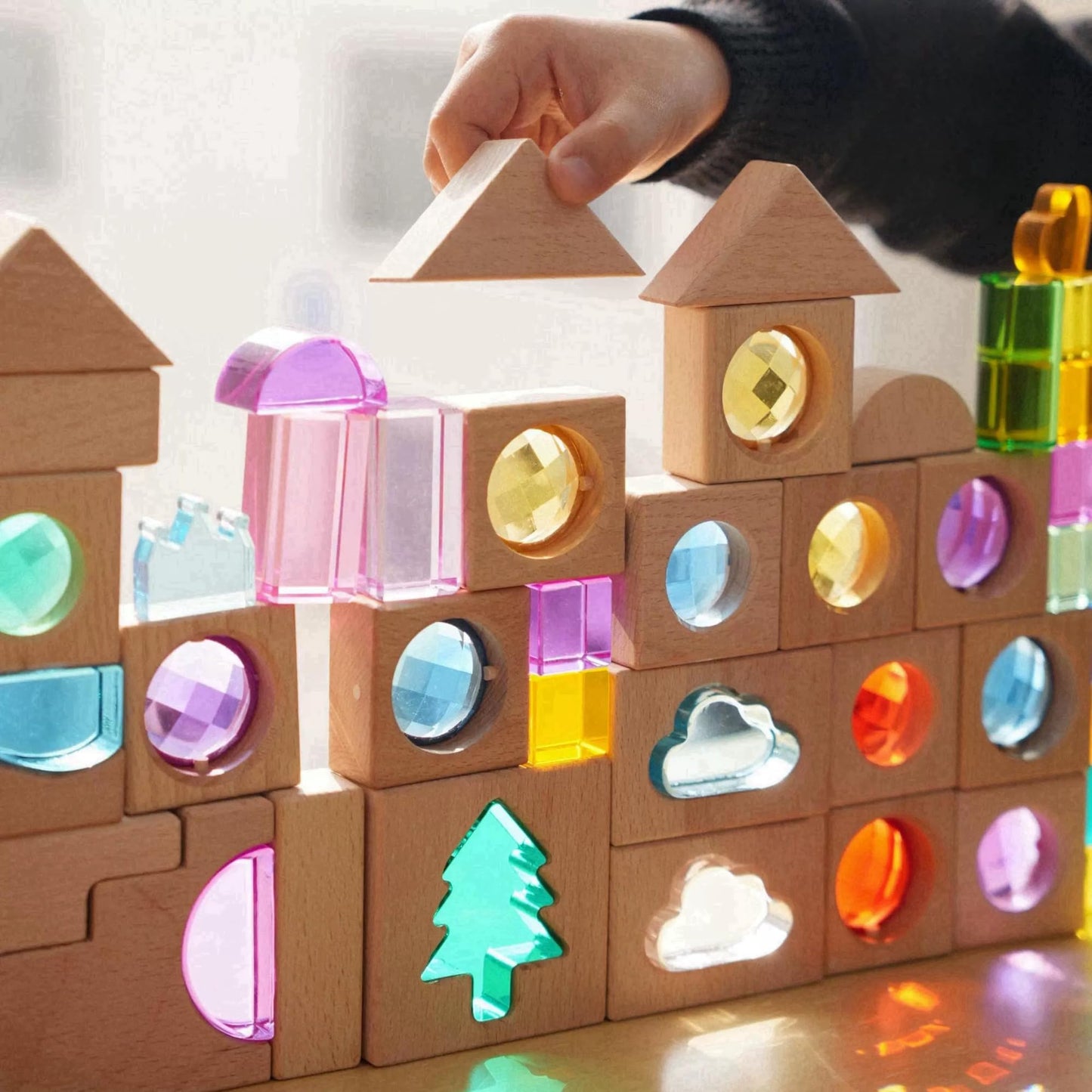 KOAICS 45PCS Wooden Acrylic Building Blocks Set with Tray, Include Colorful Acrylic Shapes Stars,Sun,Clouds, Trees, Heart, Educational Construction Toy for Kids (Farm House)